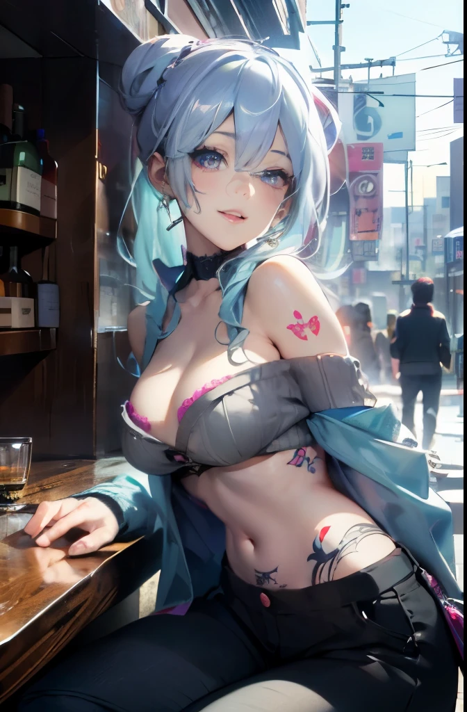 a 20 yo woman、long twintail、Big smile、cleavage of the breast、voluptuous breasts、Thighs at a glance、fishnet tights、<Quality Improvement Prompt>
<Character appearance、Background and other prompts REAK (Pink Theme:1.4), (Vivid colors:1.ink sweater:1.4), (long-sleeve:1.3), ((off shoulders, Navel, Stomach):1.3),
BREAK (Black theme:1.3), ((Black oversized pants, Black baggy pants):1.3), (Black Choker:1.2), (earrings:1.2), (lace-up boots:1.1),
<expressioness、illuminating、Other prompt top fade:1.3)、dark themed、Muted Tones、Subdued Color、highly contrast、(natural skin textures、Hyper-Realism、Soft light、sharp) (masutepiece, top-qualityの, Best Quality, Official art, Beautiful and aesthetic: 1.2), (1girl in: 1.3), Very detailed, (Fractal Art: 1.1), (Color: 1.1) (Flowers: 1.3), (By Yuko Higuchi:1.4), Yuko Higuchi,(posted by Yow:1.2),(linear art),Line drawing,Pen drawing,Zentangle,(Tattoo patterns:1.2),(複雑なラインのtop-qualityのmasterpiece:1.1), (Ultra-detailed),Best Illustration,finely detail,hand-drawn high quality,High contrast,(Clean lines:1.3),ligne claire,(Portrait),(very closeup:1.1),1 girl,Solo,girl covered in snow,(Intricate details:1.3),(Detailed background:1.2),(coloured background:1.1),sketch,Intricate details,hight resolutionであり,a moon,top-quality、8K、hight resolution、masterpiece、(portlate:0.6)、A dark-haired、Middle hair、(grinning evily:1.3)、(Look at viewers:1.3)、(bokeh dof)、18year old、8K, masutepiece, (Photorealistic:1.5), 後ろからのartistic肖像画 ((Yakuza Girls) Wearing kimono), back tattoo, back tattooをあらわにする, (Dragon tattoo), Bare shoulders, huge-breasted, Beautiful skin, Slim Fit Body, Cute face, nice appearance, look at viewr, Red hair in a bun with bangs, Foggy, Daylight, skyscapers, Clouds, Cozy and cool atmosphere, 動的なilluminating, natural, artistic,18year old少女和堀肌, Yakuza, Japan Mafia, Background of Tokyo Red Light District, Realistic, Photoreal, masutepiece, Best Quality, Sexy with tattoos, Exotic, Erotic,Tribal tattoos Tribal tattoos all over the arm,Full body, (a bar counter、shop front:1.4)、Beautiful face with deep shadow detailed face and eyelid background、20-year-old beauty、shinny skin, Beautiful wavy golden hair、 poneyTail、Beautiful face with blue eyelid background、 Bunny Girl、High-cut leotards、a bow tie、White cuffs、fishnet tightsに包まれた太もも ウサギの耳が欠けている、Have a tray of liquor、crouching down、An embarrassed smile with an open mouth、Curve、