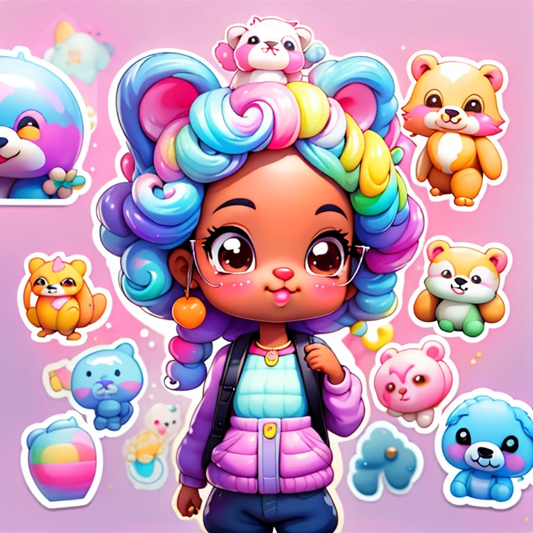 a cartoon girl with glasses, african american girl, african american elegant girl, purple backpack, long pants, bear shirt, super cute funky black girl, cute detailed digital art, portrait of a lisa frank, cute digital art, cartoon artstyle, cartoon art style, colorfull illustration, advanced digital chibi art, cartoon style illustration, adorable digital painting, cute art style, lisa frank style, cute cartoon character