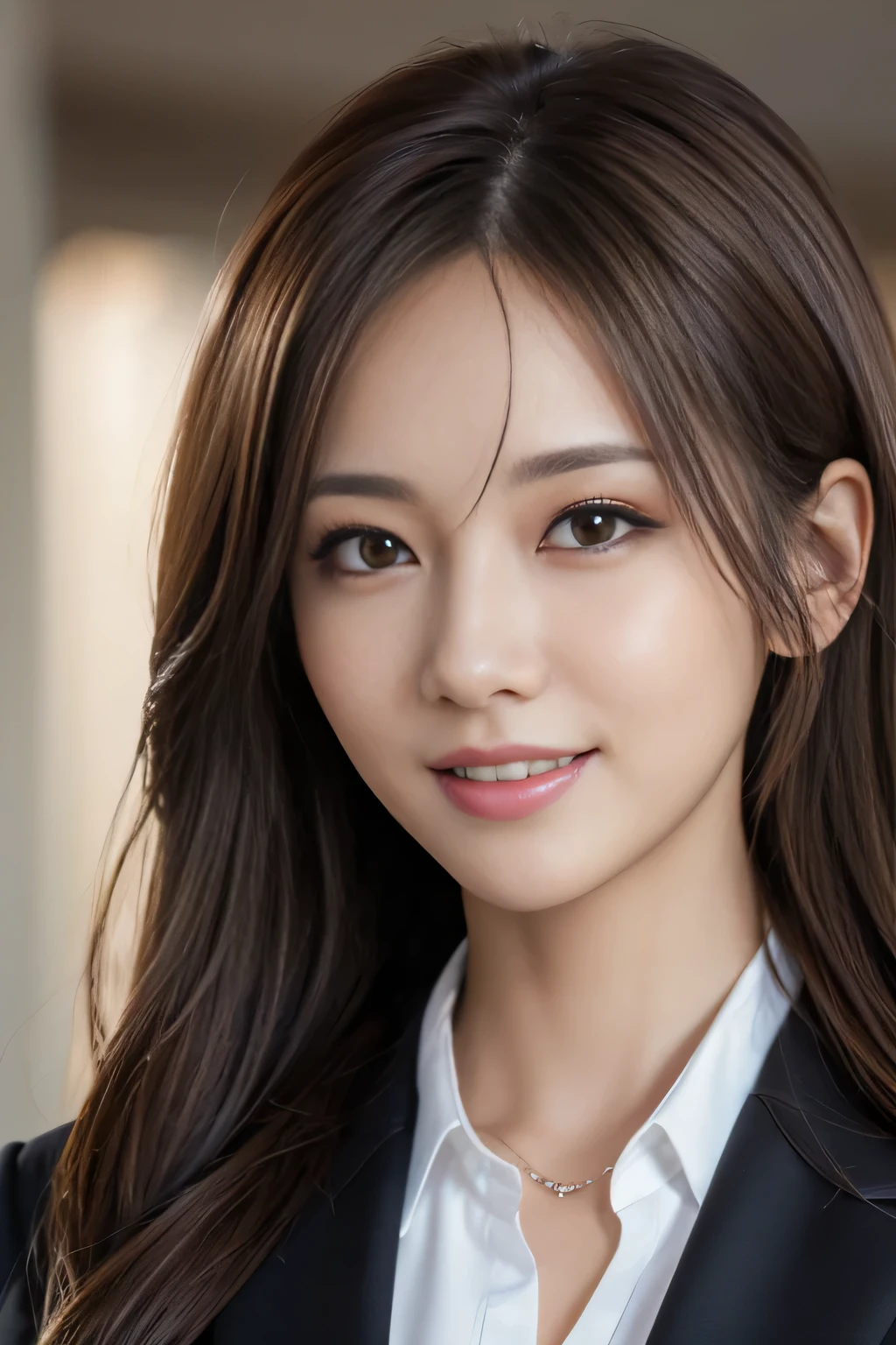 masutepiece, Best Quality, Photorealistic, Ultra-detailed, finely detail, High resolution, 8K Wallpaper, 1 beautiful woman,, light brown messy hair, in a business suit, foco nítido, Perfect dynamic composition, Beautiful detailed eyes, detailed hairs, Detailed realistic skin texture, Smiling, Close-up portrait, Model body type