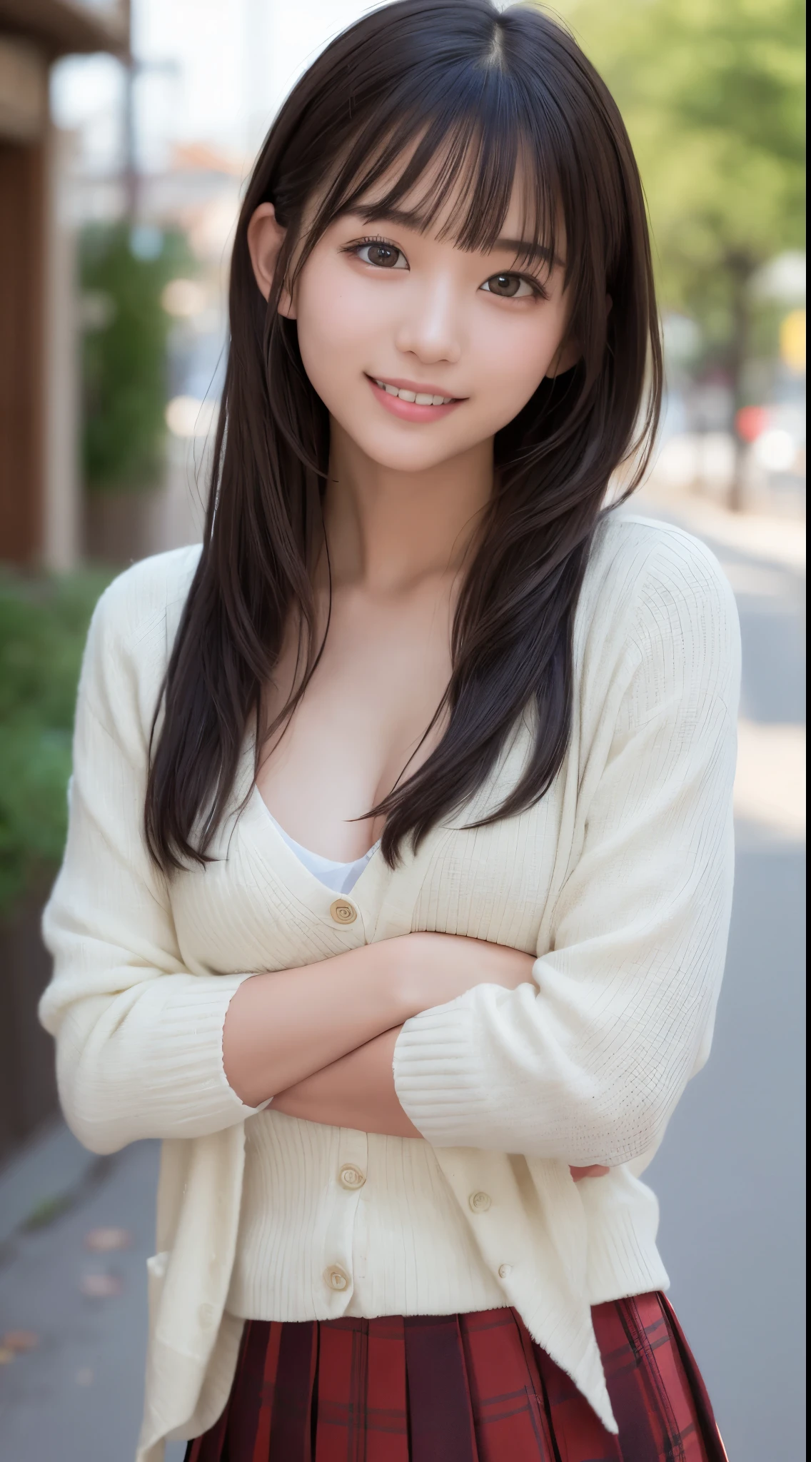 Smile、natta、Raw photography、(((Ultimate Beauty Portrait)))、((glistning skin))、女の子1人、15 year old beautiful girl in Prague、bright expression、((brown haired))、(cleavage of the breast)、(Plaid pleated skirt:1.5)、((Big eyes that shine like jewels))、open cardigan、Open your clothes、panthyhose、Glossy glossy skin、(Medium Hair)、(Silky Ponytail Hair)、(is standing)、(frombelow)、Under the skirt、Under the skirt、(frombelow下着の接写)、eye liner、Beautiful bangs、Hair between the eyes、((masterpiece、最hightquality、ultra-detailliert、Film Light、intricate-detail、hight resolution、ighly detailed))、细致背景、8KUHD、Digital SLR、Soft light、hightquality、Film grain、FujifilmXT3 、Shallow depth of field、natural soft light、No uptight look、Nothing below the neck