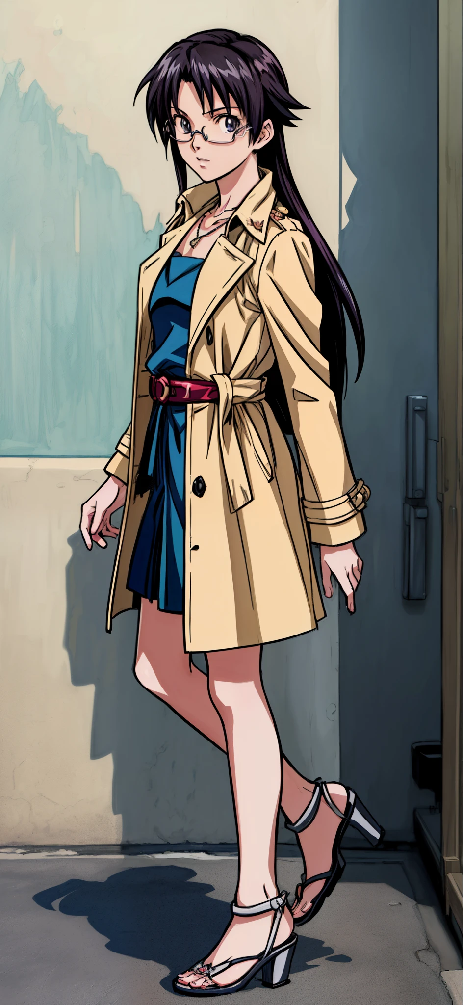 (Best Quality,4K,8K,hight resolution,masutepiece:1.2), Ultra-detailed, (Realistic,photoRealistic,photo-Realistic:1.37), Unhappy,eye glasses,((black hair)), ((Long hair)),Beige trench coat,a necklace,high-heels,Beautiful detailed eyes, Beautiful detailed lips, extremely detailed eye and face, long eyelashes, Realistic anime 3D style, Smooth Anime CG Art, Digital rendering by Makoto Shinkai, Moe Anime Art Style, photoRealistic rendering of an anime girl, Shinkai Makoto style, Cute anime girl visuals, Realistic young anime girl, girl fan art, Created by Anime Artist'studio of.