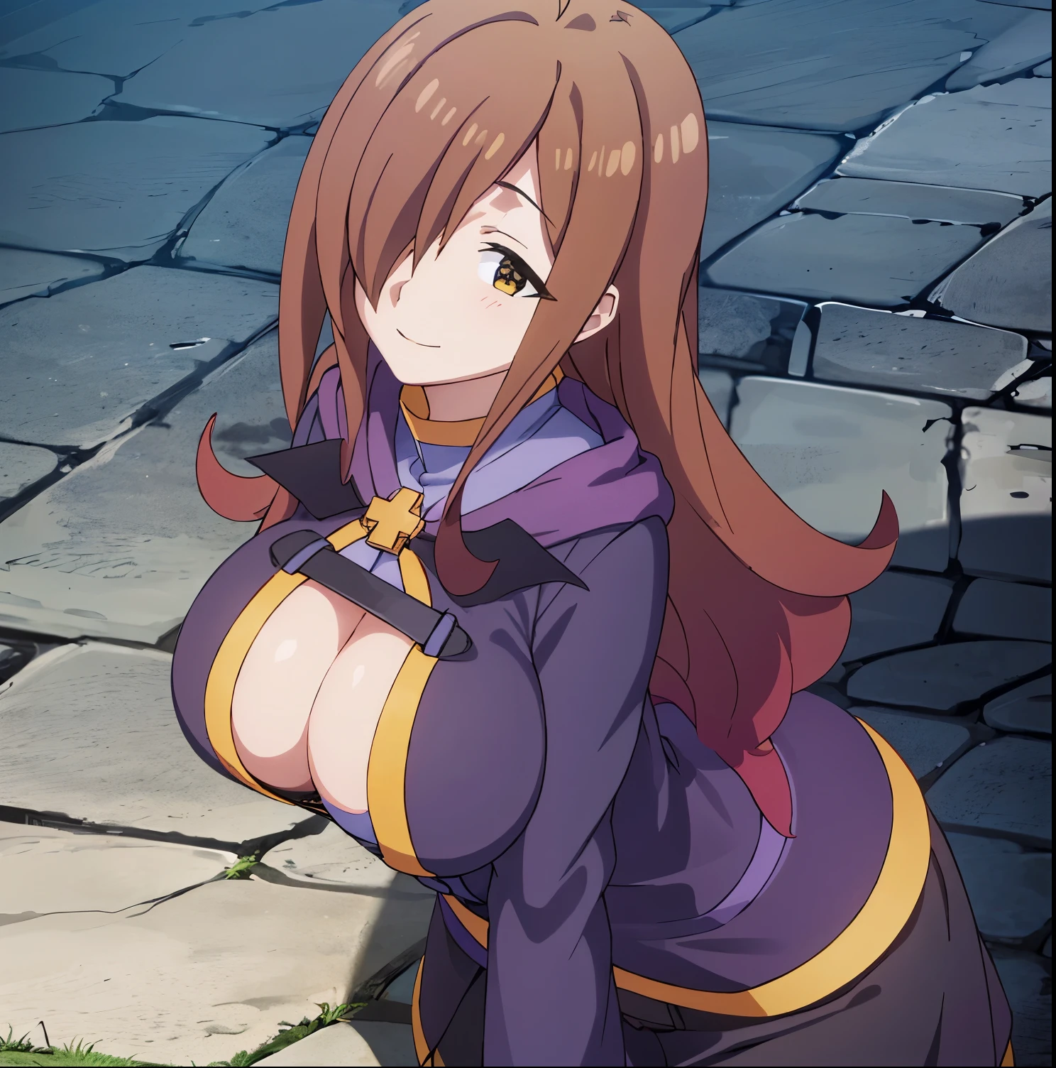 1girl, solo, wizrnd, brown hair, long hair, ahoge, hair over one eye, brown eyes, looking at viewer, smile, underwear, black panties, black bra, cameltoe, standing, lying, on bed, on back, huge breasts, pillow, head on pillow, from above, Good hands, good anatomy