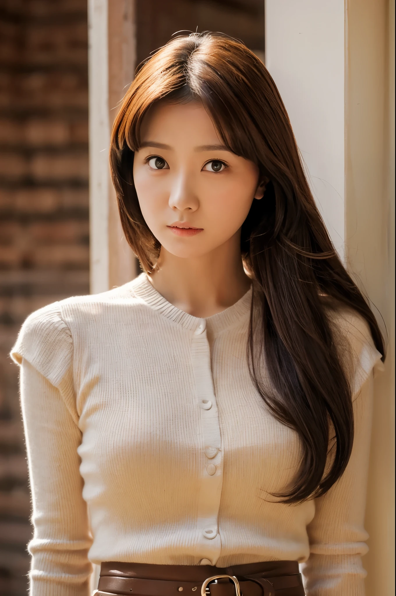 masuter piece, top-quality, masterpiece, hight resolution, Photorealsitic, sharp, Raw photography, 8k wallpaper, flawless, profetional lighting, ighly detailed, depth of fields,Pale solid color background, ((one beautiful women, japanese mature)), (18year old)), Female sexy, Detailed face, beautidful eyes, bangss, small breasts of good shape, Light Brown Straight Hair, Faint lips, ((standing at front、Staring at the viewer, serious face eyes.)), Sweaters, skirt by the, fully body photo, cowboy shot