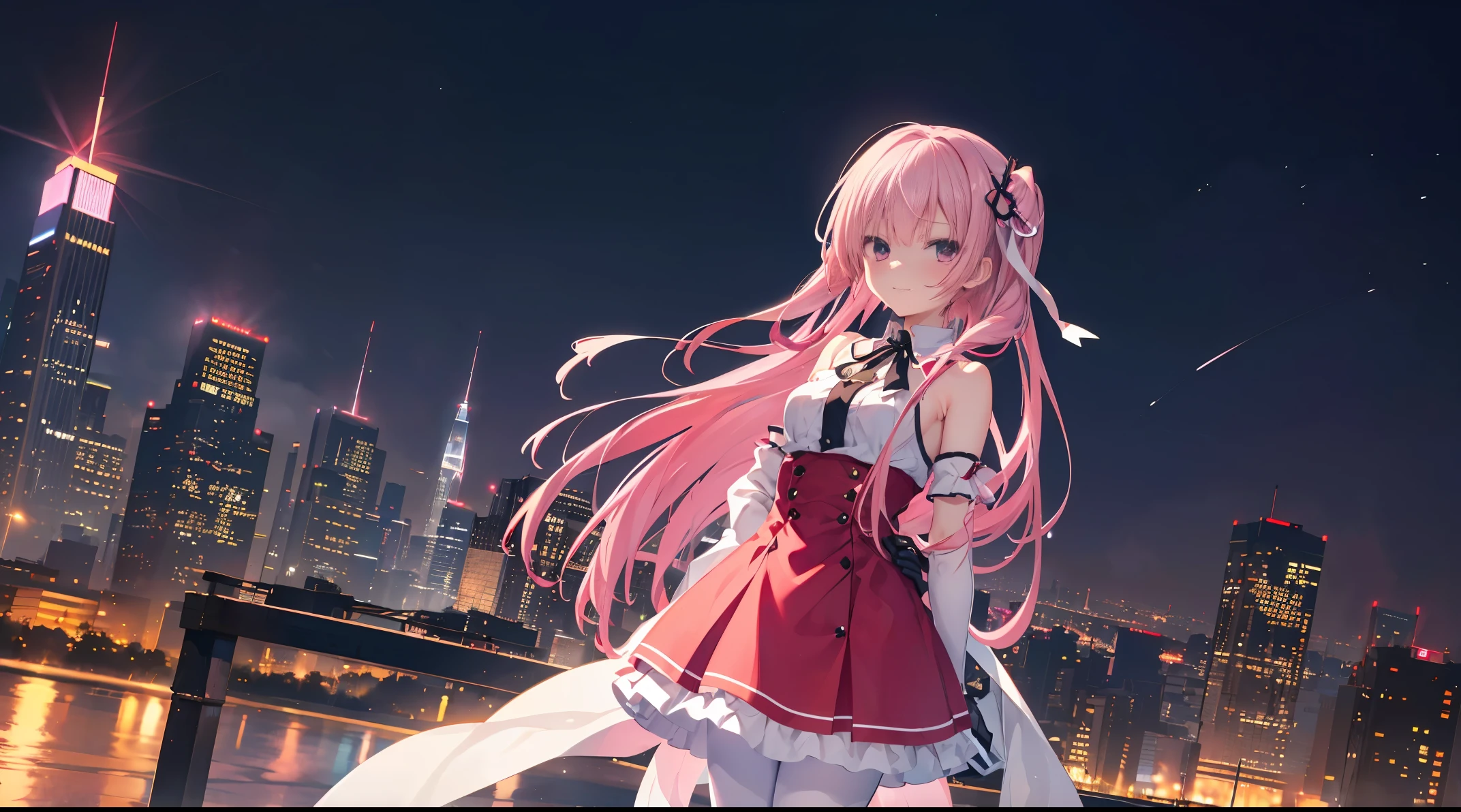 one-girl,solo,The city at night,is shy,Be red in the face,((Red dress)),((White pantyhose)),medium,gentleness,ssmile,((With bare armlack glove,Place your hands behind your back,night city background,Mitsukasa Ayase,Long straight pink hair,No hair accessories,7 figures