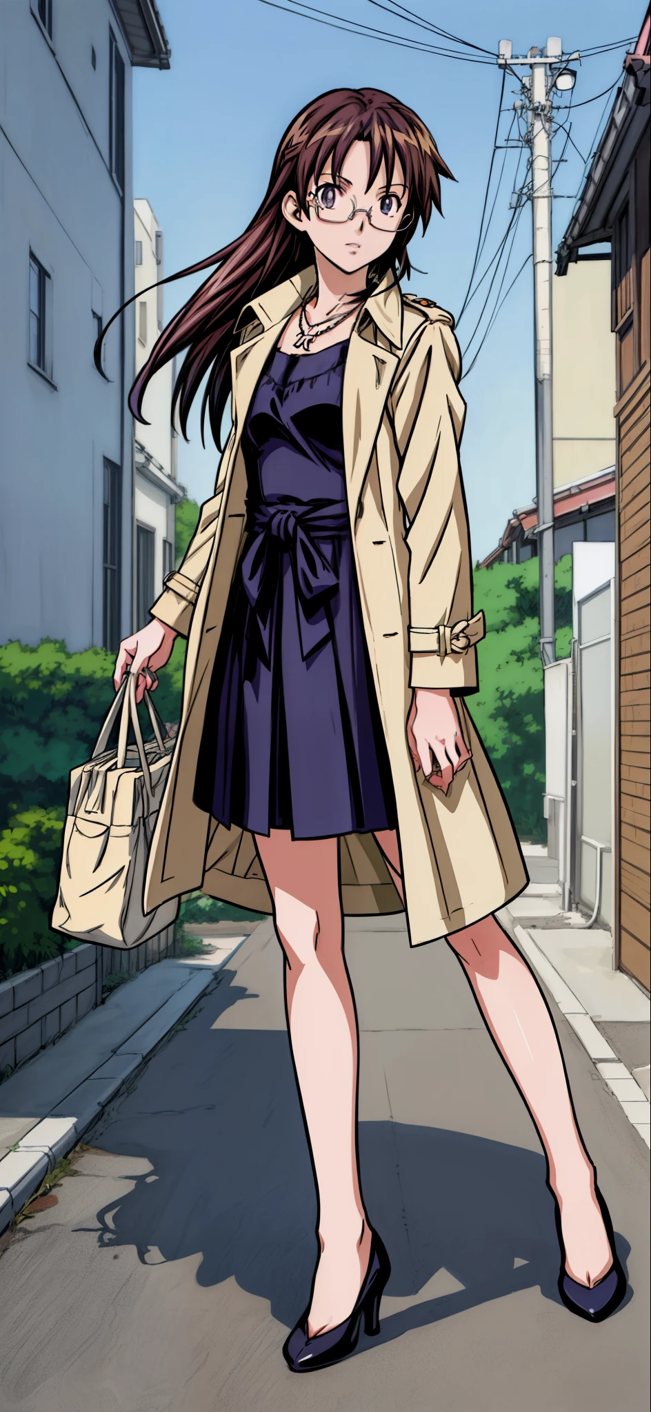 (Best Quality,4K,8K,hight resolution,masutepiece:1.2), Ultra-detailed, (Realistic,photoRealistic,photo-Realistic:1.37), Unhappy,eye glasses,((black hair)), ((Long hair)),Beige trench coat,a necklace,high-heels,Beautiful detailed eyes, Beautiful detailed lips, extremely detailed eye and face, long eyelashes, Realistic anime 3D style, Smooth Anime CG Art, Digital rendering by Makoto Shinkai, Moe Anime Art Style, photoRealistic rendering of an anime girl, Shinkai Makoto style, Cute anime girl visuals, Realistic young anime girl, girl fan art, Created by Anime Artist'studio of.