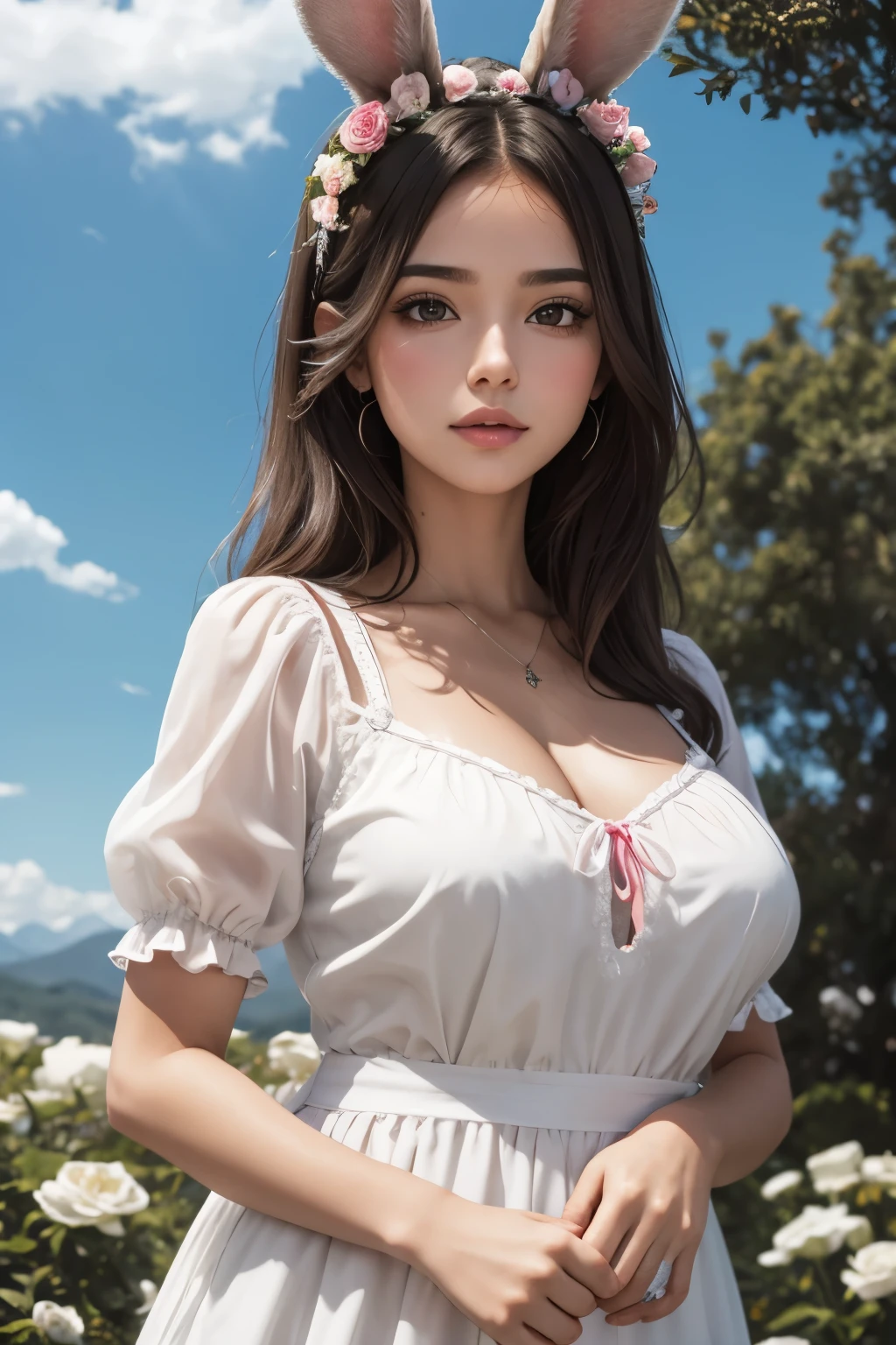 detalhe, realismo, 4k, 18-year-old girl, detalhe do rosto, grandes olhos amarelos, Plump lips, nariz virado para cima, cabelos grisalhos com fios rosa, em um vestido branco, with a rabbit in his hands, flores no fundo, Borboletas brancas em primeiro plano, Filmagem realista, profundidade de campo, luz de antena suave, brilhar, HDR (cores silenciadas: 1.2), Canon RF 100mm F2.8L Macro e USM