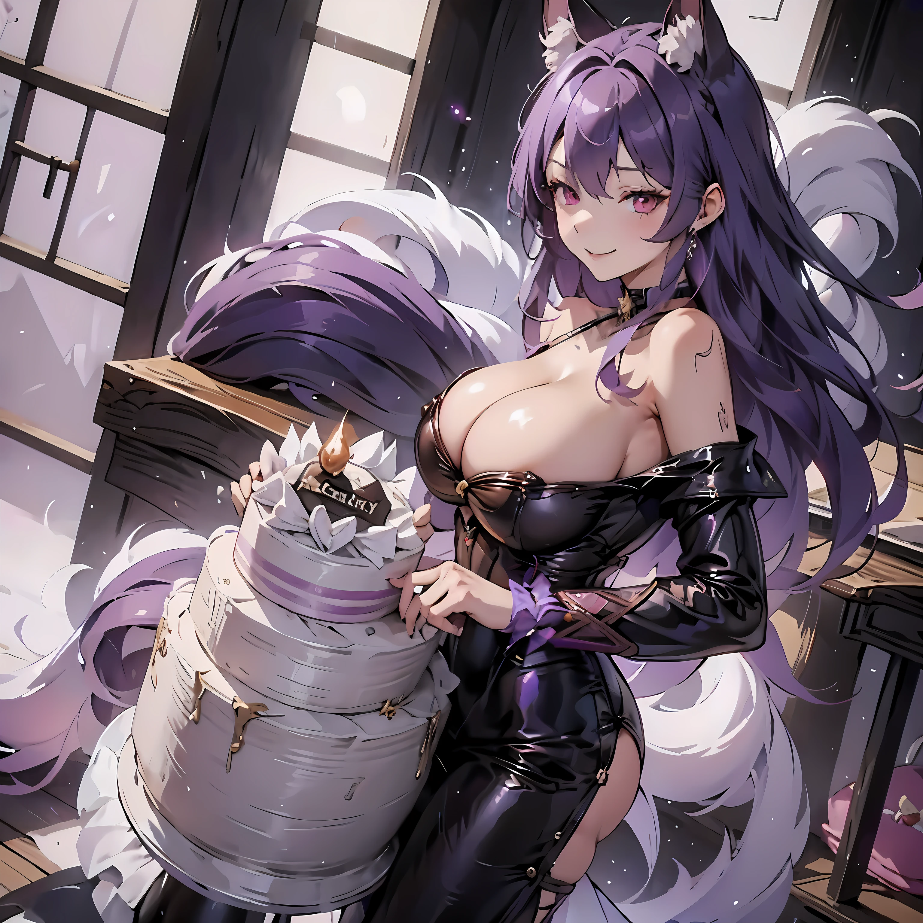 1Girl, red eyes, smile, Purple Hair, cat girl, birthday , birthday cake, HappyBirthdayYuel text, huge breasts, cleavage, sideboob, huge butt, Purple fluffy tail, sexy, long tail, sexy dress, waruochi, japanese clothes, concept, concept dress, ribbon on the chest, "Happy Birthday Yuel" text, purple hair, purple hair, curtained hair, bangs, medium hair, fox ears, smile, anime, Wide-Angle, ray tracing, bloom, depth of field, anime style, anime, ((masterpiece)), 8K, highres, ((best quality)), super detail, award winning, anatomically correct