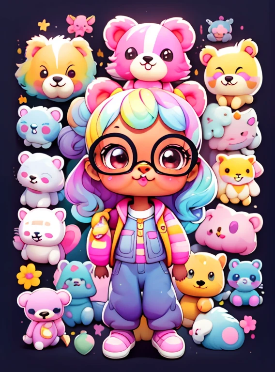 a cartoon girl with glasses, african american girl, african american elegant girl, purple backpack, long pants, bear shirt, super cute funky black girl, cute detailed digital art, portrait of a lisa frank, cute digital art, cartoon artstyle, cartoon art style, colorfull illustration, advanced digital chibi art, cartoon style illustration, adorable digital painting, cute art style, lisa frank style, cute cartoon character