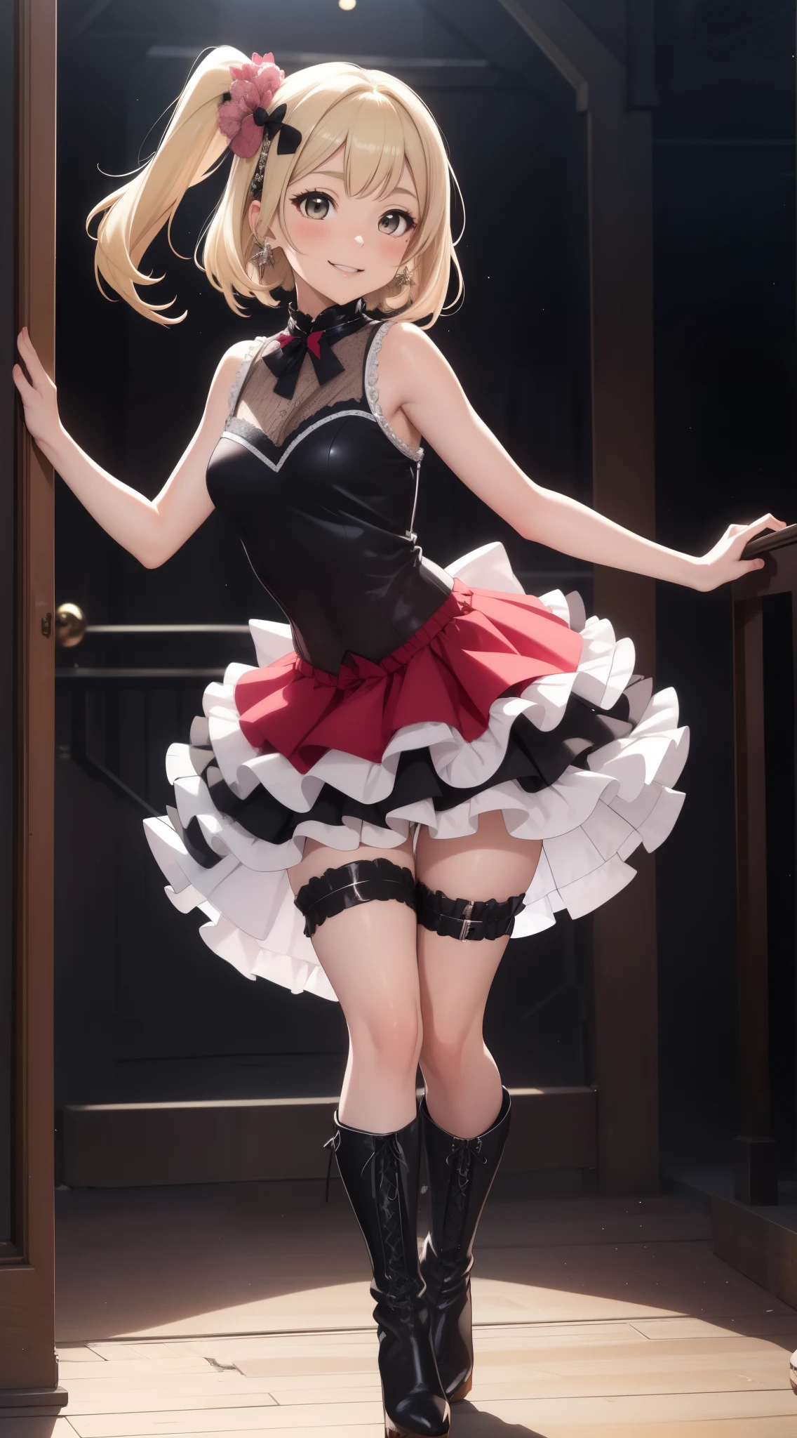 masterpiece, best quality, highly detailed, ultra high res, ayase arisa, 1girl, solo, hazel eyes, hair ornament, short ash blonde hair, (side tail), light smile, glossy lips, sleeveless idol dress, very puffy skirt, flared skirt, thigh highs, heeled boots, full body
