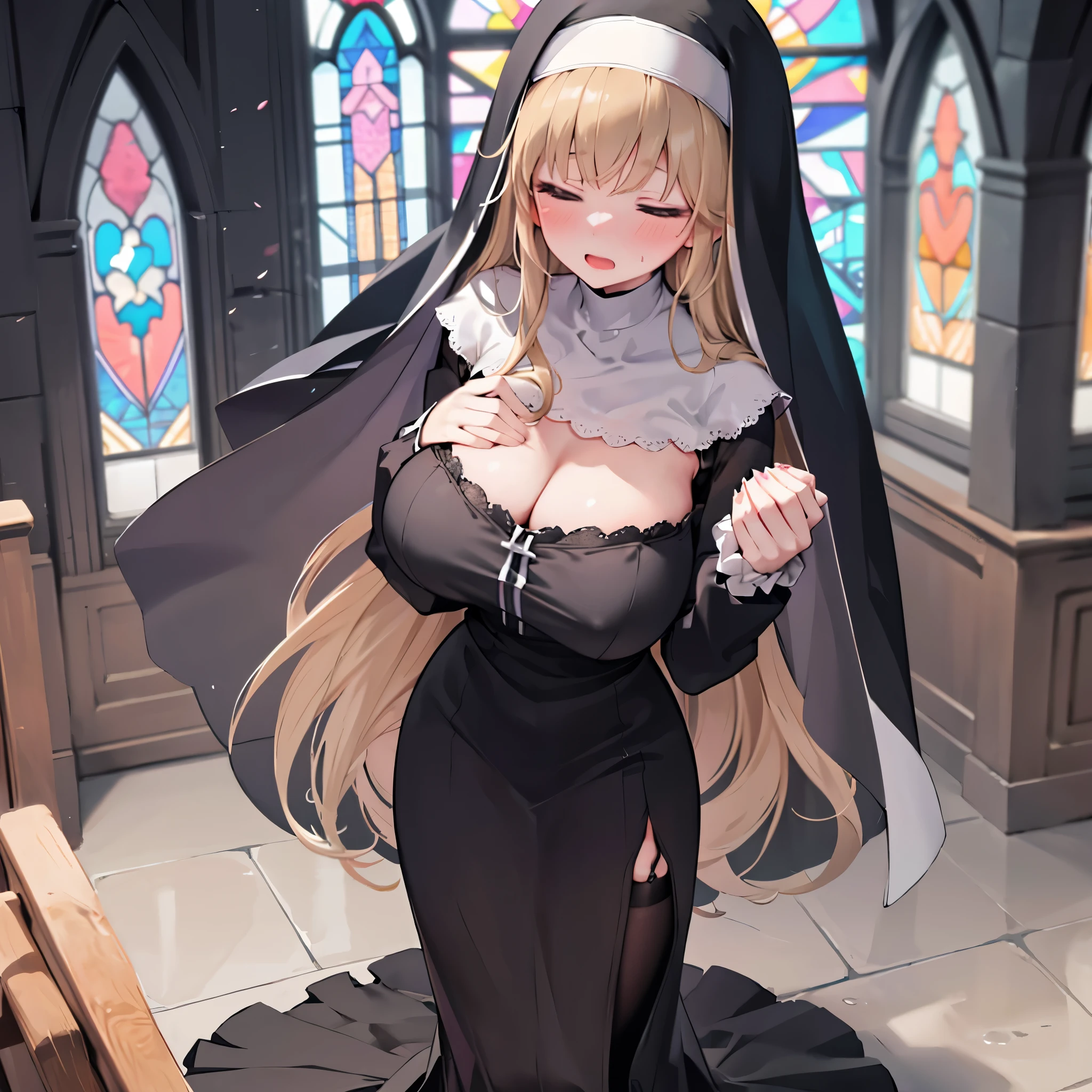 (solo 1 praying nun:1.2) standing in church, praying with holding hands together over chest, very thin, (black sheer dress:1.4), (huge breasts:1.2), (black sheer long skirt:1.3), inconceivably thin waist, closing eyes, nose blush, open mouth, (heavy breathing:1.2), stained glass, full body, 8k