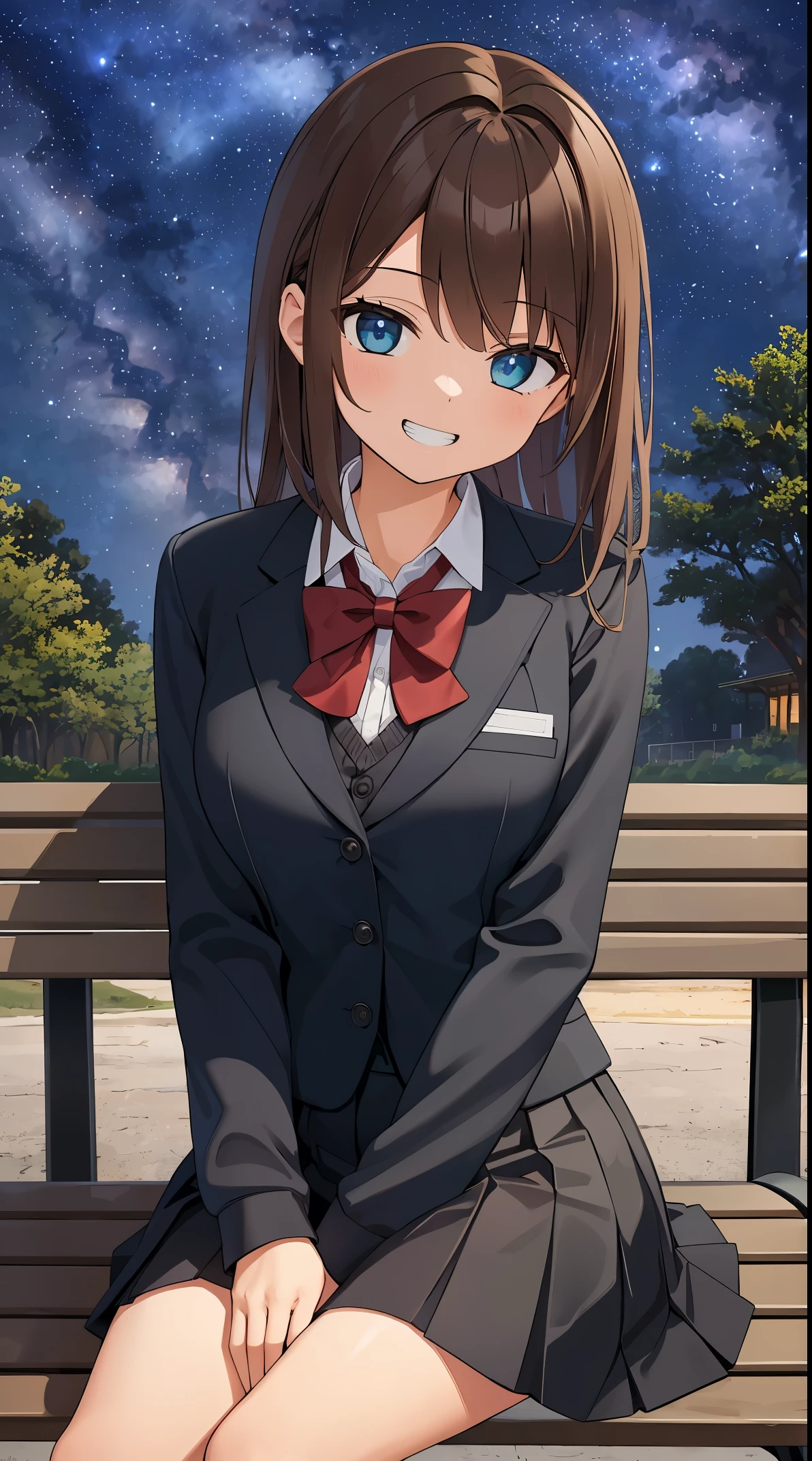 (in 8K, Raw photography, Best Quality, masutepiece: 1.2), high-definition RAW color photography, Professional photography, Cinematic Light, (1girl in), Solo, ((Brown hair, inner colored hair)), hair messy, slenderbody, ((Show your teeth and smile)), full-face blush, School uniform, Collared shirt, blazers, Long sleeves, , a black pleated skirt, (((Sitting on a bench))), Large park, Night, Park at night, Spreading forest background, ((The Expanding Milky Way, Beautiful starry sky)), hand between my legs, upperbody shot,