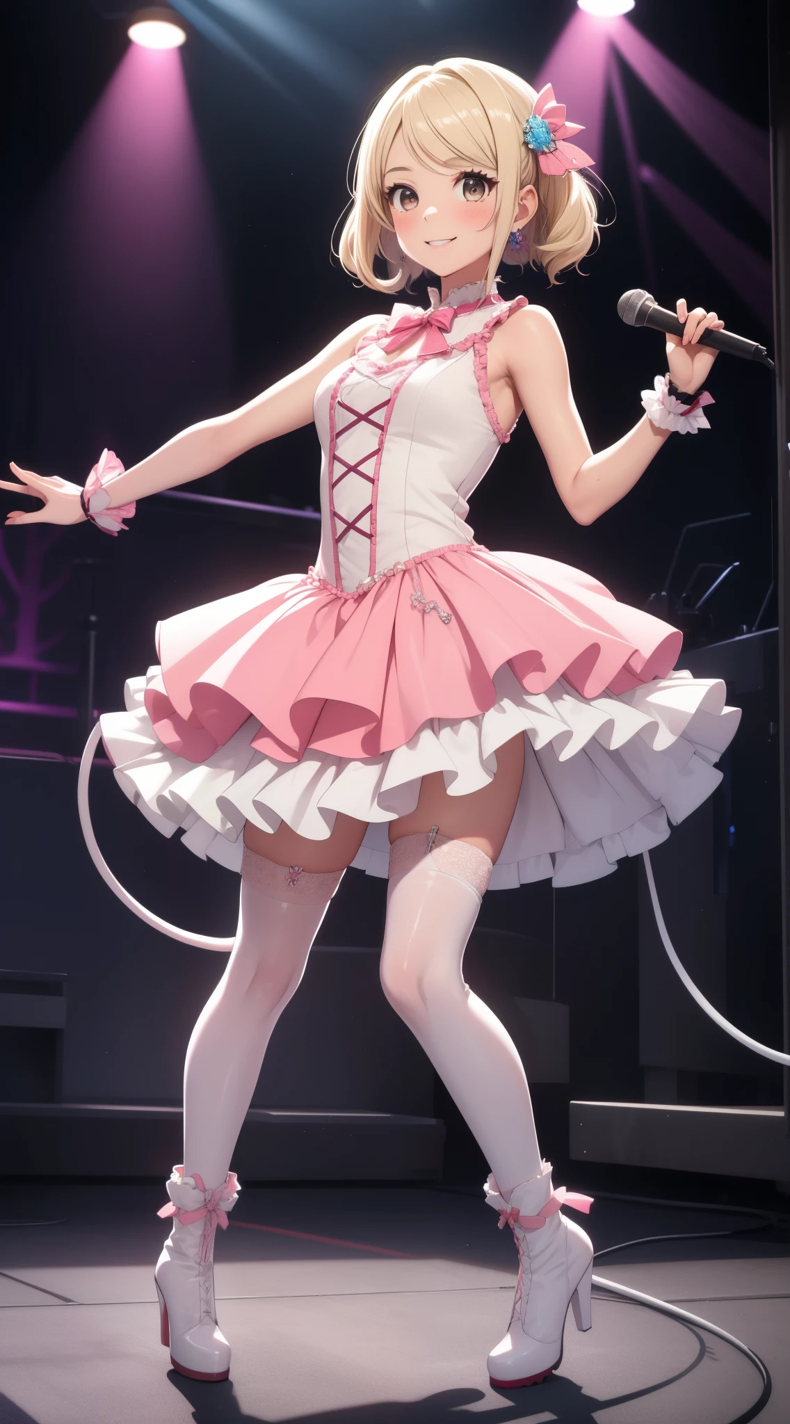 masterpiece, best quality, highly detailed, ultra high res, ayase arisa, 1girl, solo, hazel eyes, hair ornament, short ash blonde hair, (side tail), light smile, glossy lips, sleeveless idol dress, very puffy skirt, flared skirt, pink thigh highs, white heeled boots, full body