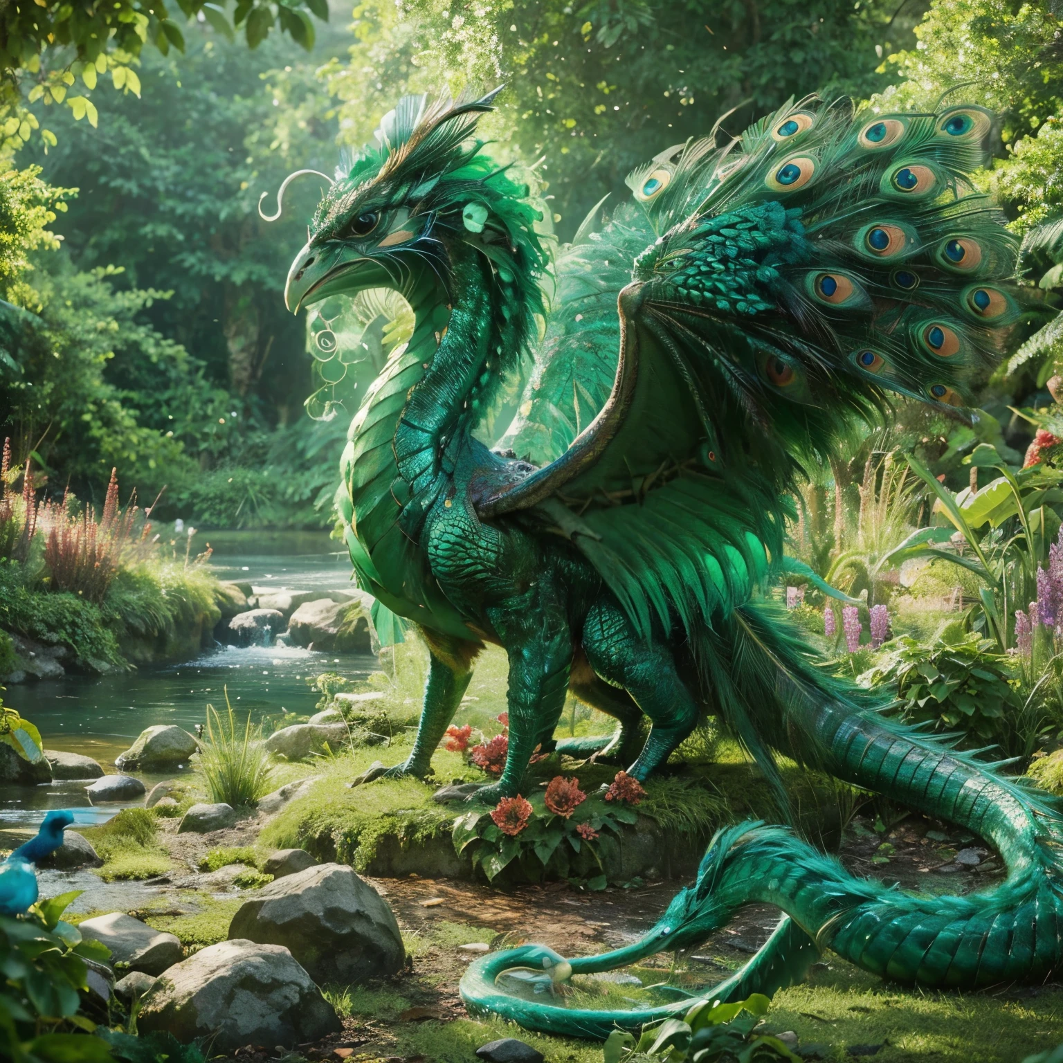 photo of a emerald creature that is half dragon and half peacock, in a lush setting. Photorealistic