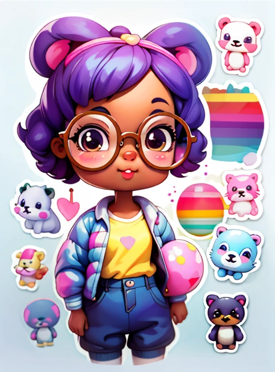 a cartoon girl with glasses, african american girl, african american elegant girl, purple backpack, long pants, bear shirt, super cute funky black girl, cute detailed digital art, portrait of a lisa frank, cute digital art, cartoon artstyle, cartoon art style, colorfull illustration, advanced digital chibi art, cartoon style illustration, adorable digital painting, cute art style, lisa frank style, cute cartoon character