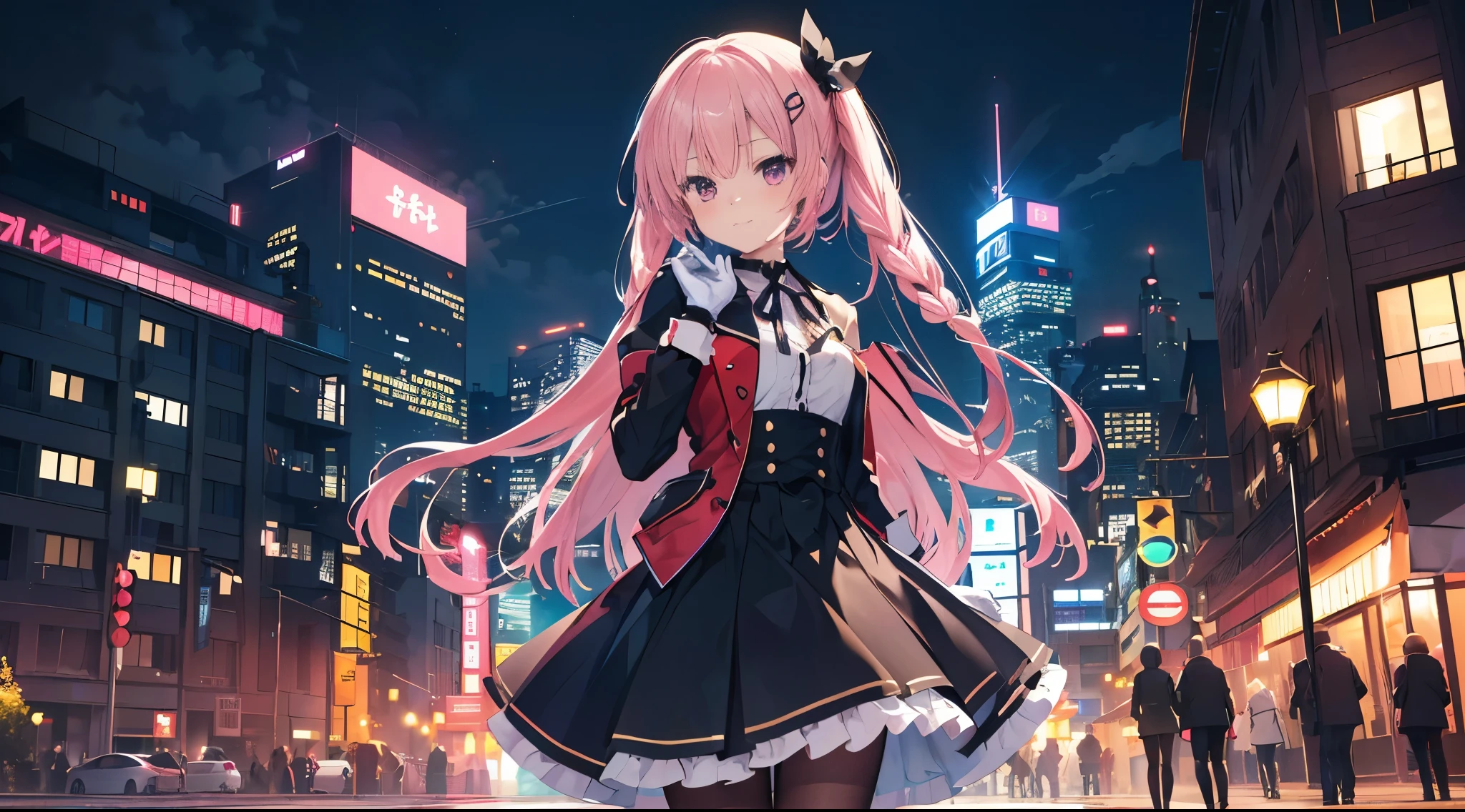 one-girl,solo,The city at night,is shy,Be red in the face,((black color dreslack pantyhoses)),medium,gentleness,ssmile,((With bare armlack glove,Place your hands behind your back,night city background,Mitsukasa Ayase,Long straight pink hair,No hair accessories,7 figures