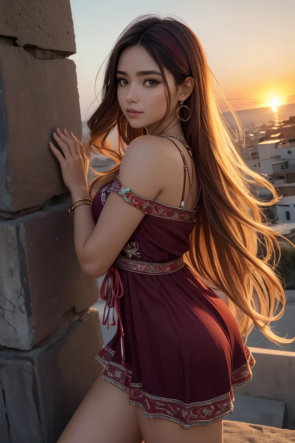 (absurdos, Altas, ultra detalhado), 1girl, zodiac sign - goddess Aries , sozinho, maduro, Barroco, vestido longo, manga comprida, elegante, colorido, mais alto detalhado, parte superior do corpo , sunset hair . Olhos de fogo . corajoso, intencional, produtivo, Enterprising Humanitarian Face .