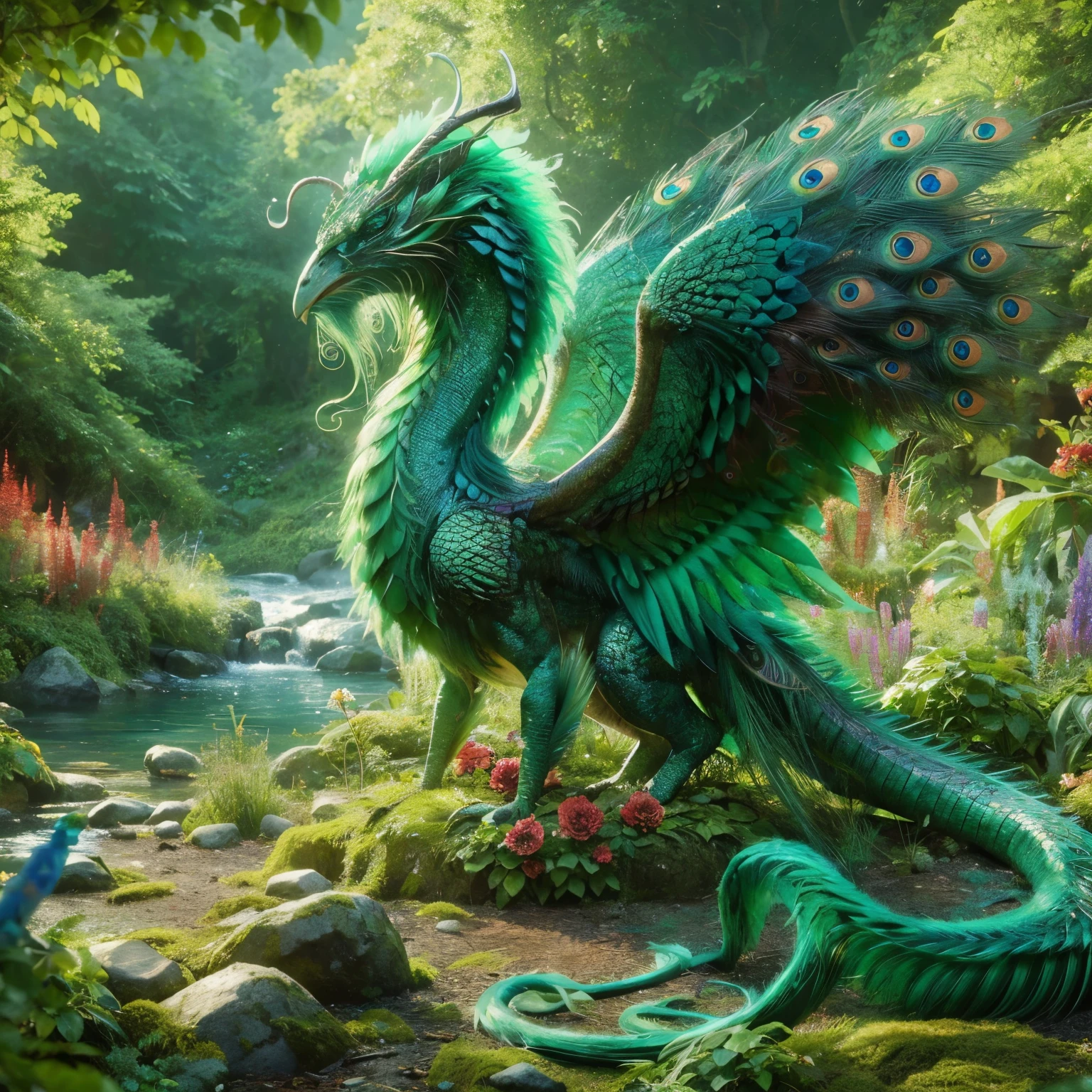 photo of a emerald creature that is half dragon and half peacock, in a lush setting. Photorealistic