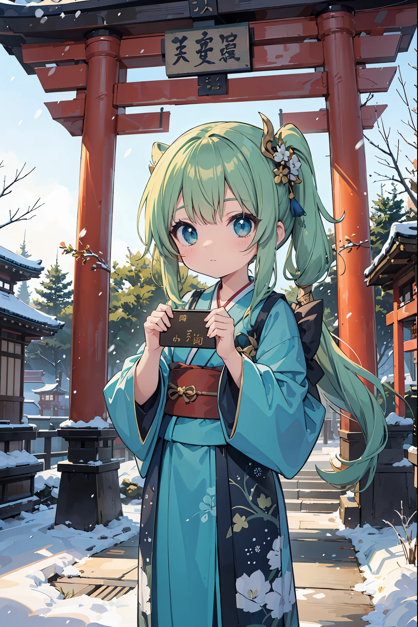 absurd, absolute resolution, incredibly absurd, super high quality, super detailed, official art, unity 8k wall, masterpiece
BREAK
Subject: First visit to a shrine
Subtitle: Tatsumi-chan (anthropomorphic chibi character), chibi, cute, Meiji Shrine
BREAK
"On a New Year's first visit to the shrine, an anthropomorphic chibi girl named Tatsumi-chan is wearing a gorgeous kimono with the torii gate of the Meiji Shrine in the background with a flurry of snow. She is wearing a sash with dragon elements, representing the Chinese zodiac sign for the year of the dragon, and holds a small ema (votive tablet) in her hand, ready to write her wishes for the New Year. In the background, the precisely painted precincts of the shrine are decorated with light, and trees covered with fresh snow and stone lanterns create an ethereal atmosphere. Tatsumi-chan has sparkling eyes that symbolize hope for the New Year, and her cute pose brightens the hearts of all who see her."