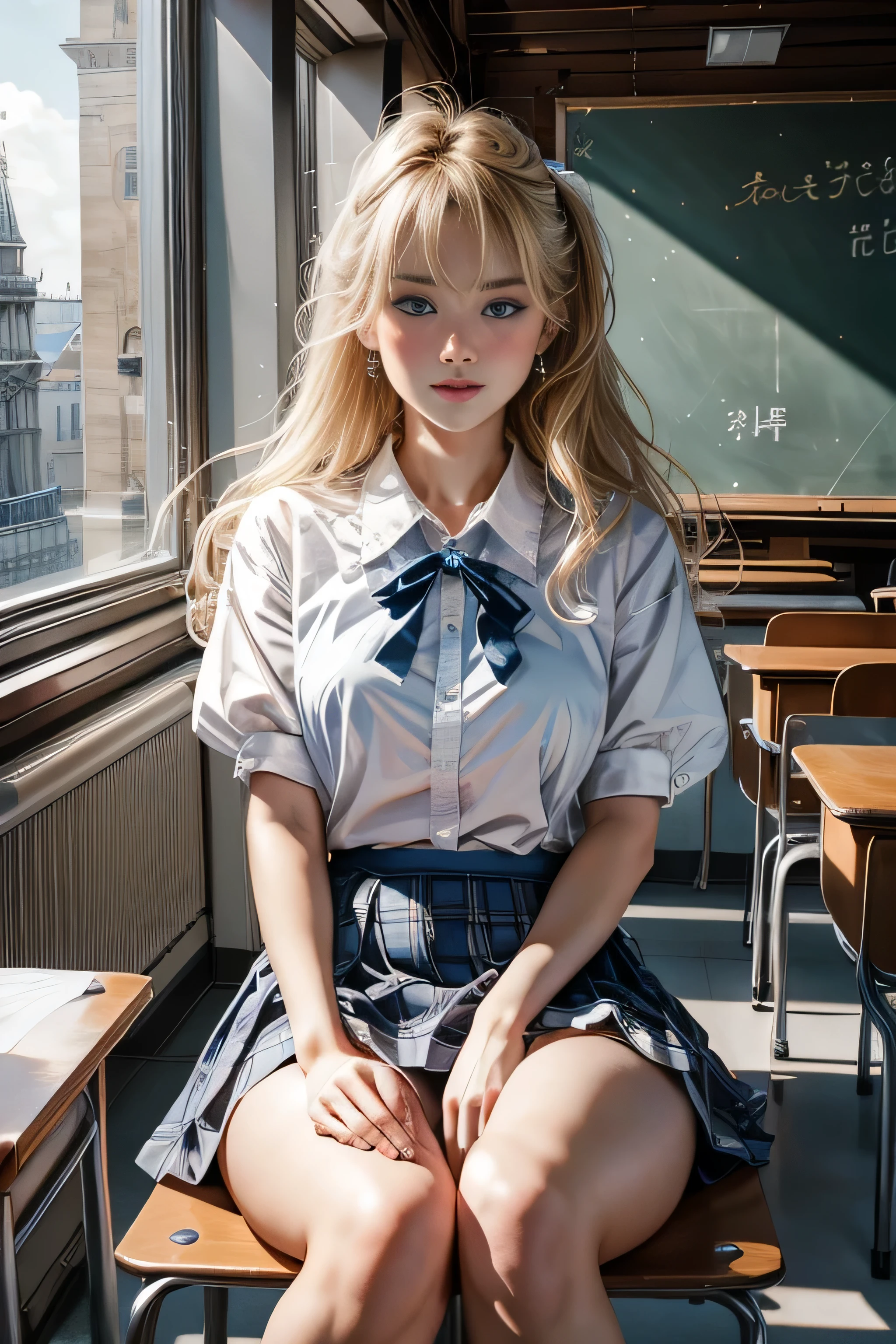 (masterpiece、best quality、extremely detailed 8k、ultra hd、ultra-detailed、highly detailed、highly realistic、photo realistic)、(beautiful realistic face、detailed realistic face)、Extraordinary sexy beauty、angry face、Blonde、long bangs between the eyes,、Super long bright blonde straight hair、twintails、ed bows、red bows in hair、beautiful countenance、Very cute beautiful sexy young little woman、Very perfect beautiful cute face、Glowing big bright light blue eyes、15yo student、blonde、Young Western Woman、Beautiful white shiny skin、bag、 black legwear、 chalkboard、 classroom、 pleated skirt、 red skirt、 school bag、 school 、uniform、thighhighs、blue sleeveless vest