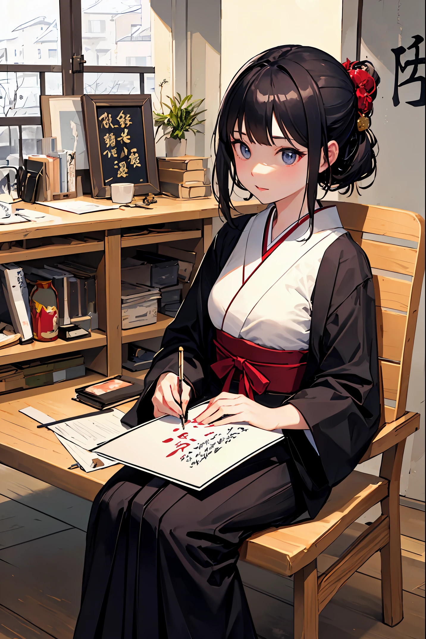 absurd, absolute resolution, incredibly absurd, super high quality, super detailed, official art, unity 8k wall, masterpiece
BREAK
Subject: The first calligraphy
Subtitle: Hakama, young genius calligrapher, Japanese style house, cute pose

BREAK
"In this New Year's calligraphy scene, a young calligraphy prodigy in hakama is absorbed in a large calligraphy paper in the study of a traditional Japanese-style house. She wears a brightly colored hakama, holds a large brush in her hand, and writes the character for "happiness" with a powerful brush stroke. Surrounding her are traditional calligraphy tools and beautiful hanging scrolls on the wall. Her cute pose and concentrated expression show her talent, despite her young age. The background is the interior of a Japanese-style house, with shoji screens and beams painted in intricate detail, creating a warm, traditional Japanese beauty."