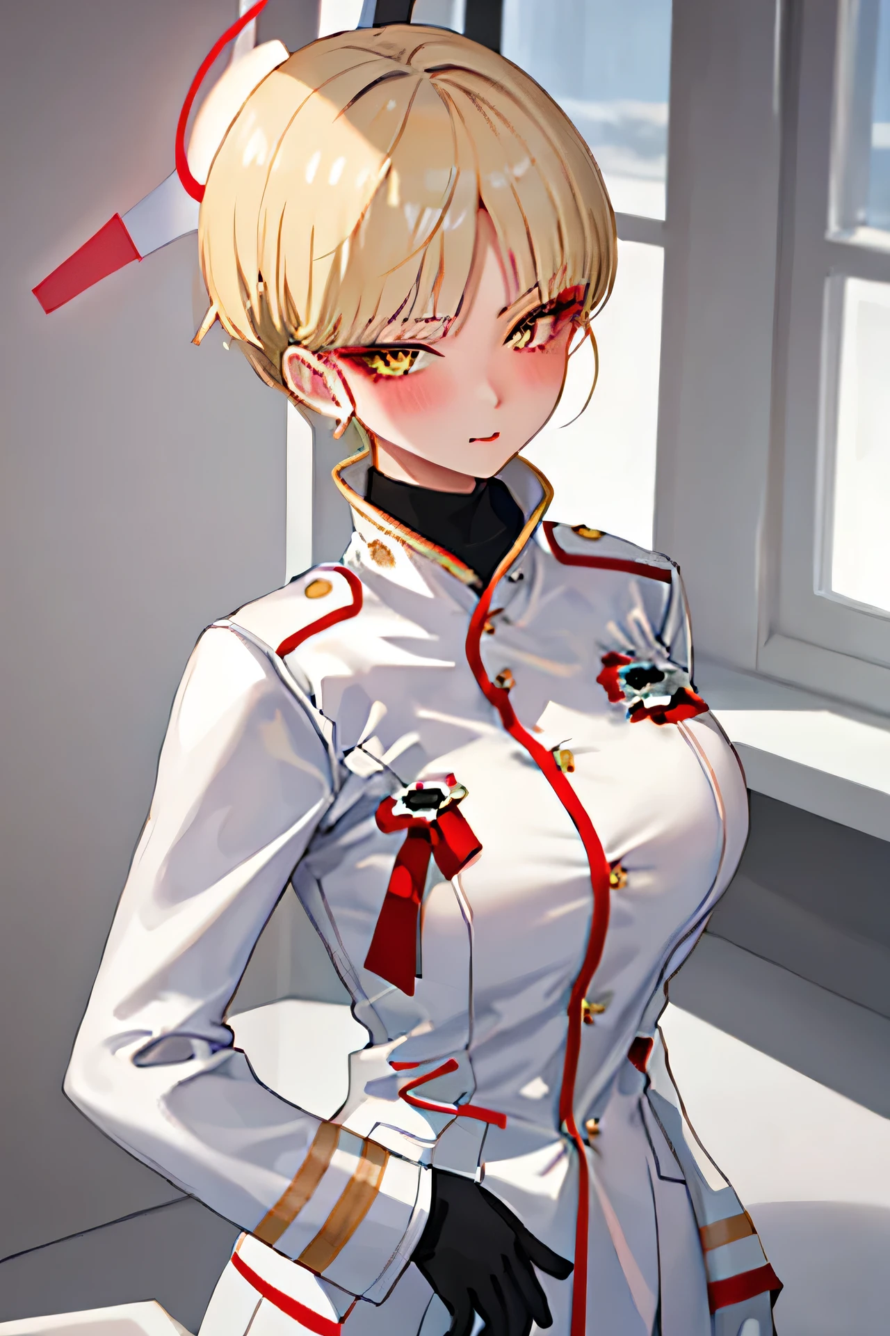 best quality, masterpiece, highres, solo, {marina_bluearchive:1.15}, short_hair, blonde_hair, yellow_eyes, bangs, halo, blush, breasts, large_breasts, 1girl, jacket, military, military_uniform, uniform, gloves, long_sleeveackground, white_background, white_gloves, white_jacket, looking_at_viewer, makeup, upper_body, closed_mouth, eyeshadow