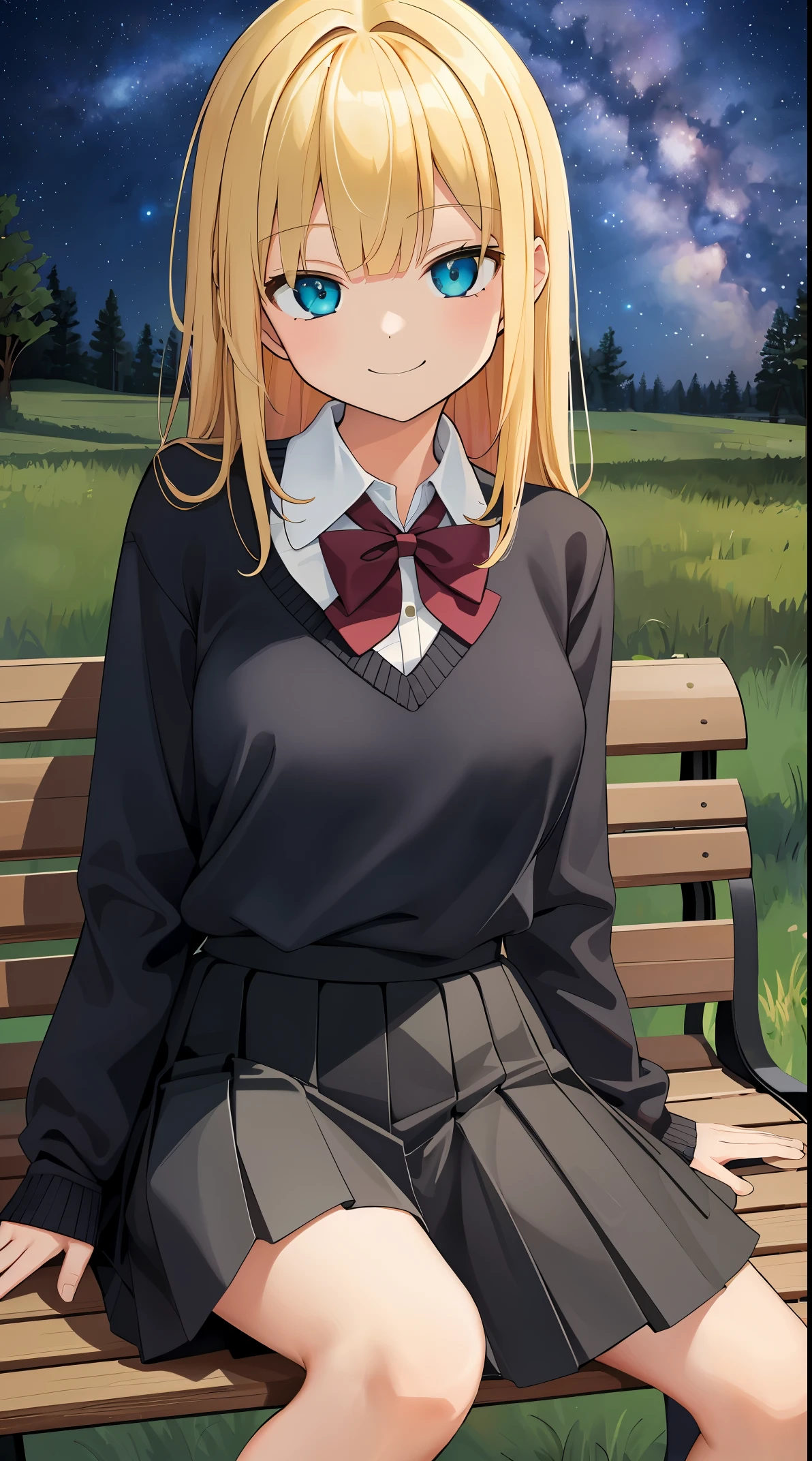 (in 8K, Raw photography, Best Quality, masutepiece: 1.2), high-definition RAW color photography, Professional photography, Cinematic Light, (1girl in), Solo, ((a blond, inner colored hair)), hair messy, asymmetrical bangs, slenderbody, ((Smiling smile)), Staring eyes, full-face blush, School uniform, Collared shirt, Sweaters, Long sleeves, , a black pleated skirt, (((Sitting on a bench))), Large park, Night, Park at night, Spreading forest background, ((The Expanding Milky Way, Beautiful starry sky)), hand between my legs, upperbody shot,