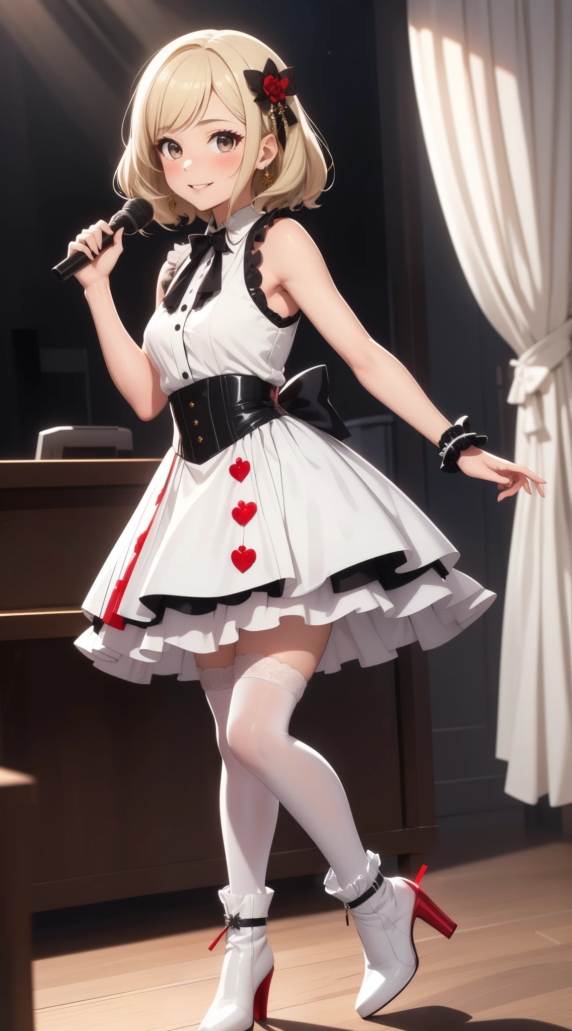 masterpiece, best quality, highly detailed, ultra high res, ayase arisa, 1girl, solo, hazel eyes, hair ornament, short ash blonde hair, (side tail), light smile, glossy lips, sleeveless idol dress, very puffy skirt, flared skirt, white thigh highs, red heeled boots, full body