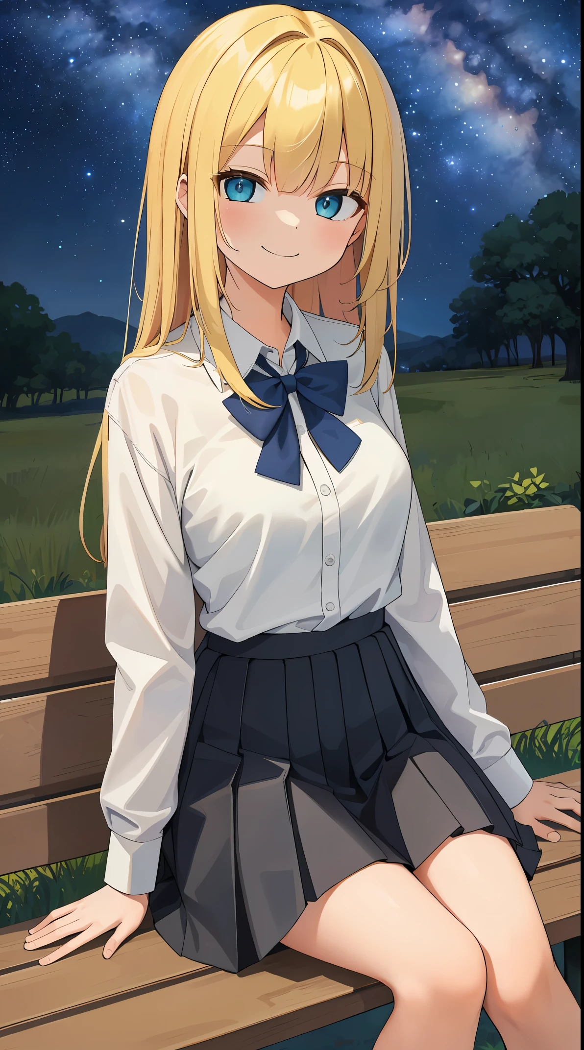 (in 8K, Raw photography, Best Quality, masutepiece: 1.2), high-definition RAW color photography, Professional photography, Cinematic Light, (1girl in), Solo, ((a blond, inner colored hair)), hair messy, asymmetrical bangs, slenderbody, ((Smiling smile)), Staring eyes, full-face blush, School uniform, Collared shirt, Sweaters, Long sleeves, , a black pleated skirt, (((Sitting on a bench))), Large park, Night, Park at night, Spreading forest background, ((The Expanding Milky Way, Beautiful starry sky)), hand between my legs, upperbody shot,