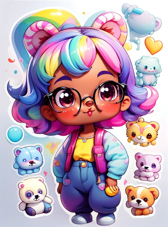 a cartoon girl with glasses, african american girl, african american elegant girl, purple backpack, long pants, bear shirt, super cute funky black girl, cute detailed digital art, portrait of a lisa frank, cute digital art, cartoon artstyle, cartoon art style, colorfull illustration, advanced digital chibi art, cartoon style illustration, adorable digital painting, cute art style, lisa frank style, cute cartoon character