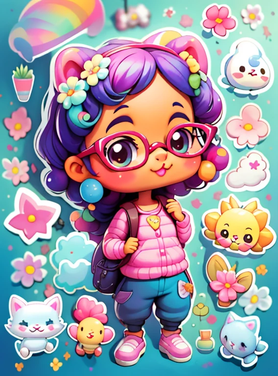 a cartoon girl with glasses, african american girl, african american elegant girl, purple backpack, long pants, lots of bubbles, flowers, super cute funky black girl, cute detailed digital art, portrait of a lisa frank, cute digital art, cartoon artstyle, cartoon art style, colorfull illustration, advanced digital chibi art, cartoon style illustration, adorable digital painting, cute art style, lisa frank style, cute cartoon character, colorful flowers