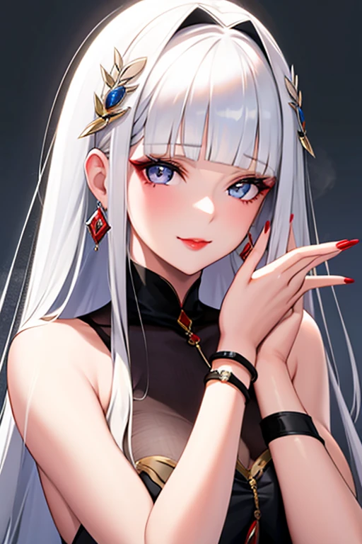 1girl, solo, long hair, looking at viewer, smile, blue eyes, hair ornament, white background, jewelry, white hair, closed mouth, blunt bangs, nail polish, bracelet, lips, grey eyes, portrait, red nails, close-up, red lips, hands on own face, hands on own cheeks,(mature female),(shiny skin),((steaming body))