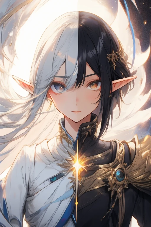 retrato, elfa dourado, feminina, cabelos dourados, roupas douradas, Elven race, olhos detalhados, rosto detalhado, traje real, com um brilho de luz ao seu redor, (melhor qualidade, obra-prima: 1.2), cores vivas, luminous lighting, tom dourado brilhante.