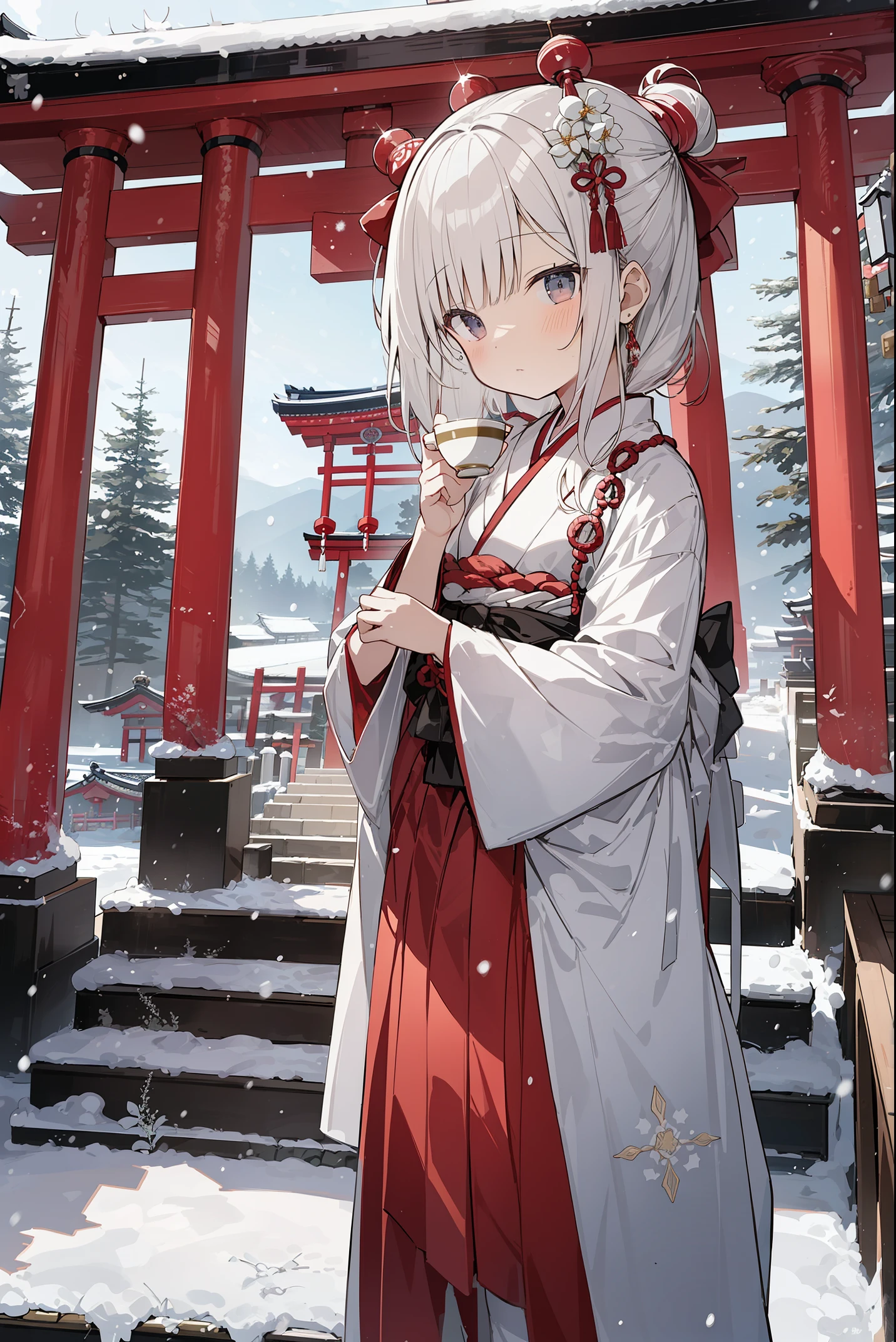 absurd, absolute resolution, incredibly absurd, super high quality, super detailed, official art, unity 8k wall, masterpiece
BREAK
Subject: First visit to a shrine
Subtitles: God of beauty, chibi, cute, Izumo-taisha shrine, God's tea party

BREAK
"In this scene from Hatsumode, a chibi, cute girl, personified by the god of beauty, is attending a tea party for the gods on the grounds of Izumo-taisha Shrine. She is dressed in a traditional priestly costume in a divine atmosphere and holds a small golden tea cup in her hand. Around her, other deities are also gathered in various guises, and she looks particularly radiant among them. In the background is the majestic architecture of Izumo-taisha Shrine and the quiet, cold winter grounds, with a mysterious flurry of snow. Soft light streams in from the sky, gently illuminating the tea party of the gods."