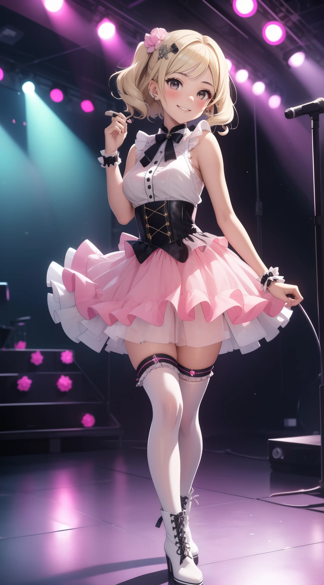 masterpiece, best quality, highly detailed, ultra high res, ayase arisa, 1girl, solo, hazel eyes, hair ornament, short ash blonde hair, (side tail), light smile, glossy lips, sleeveless idol dress, very puffy skirt, flared skirt, (see-through skirt:1.3), pink thigh highs, white heeled boots, full body