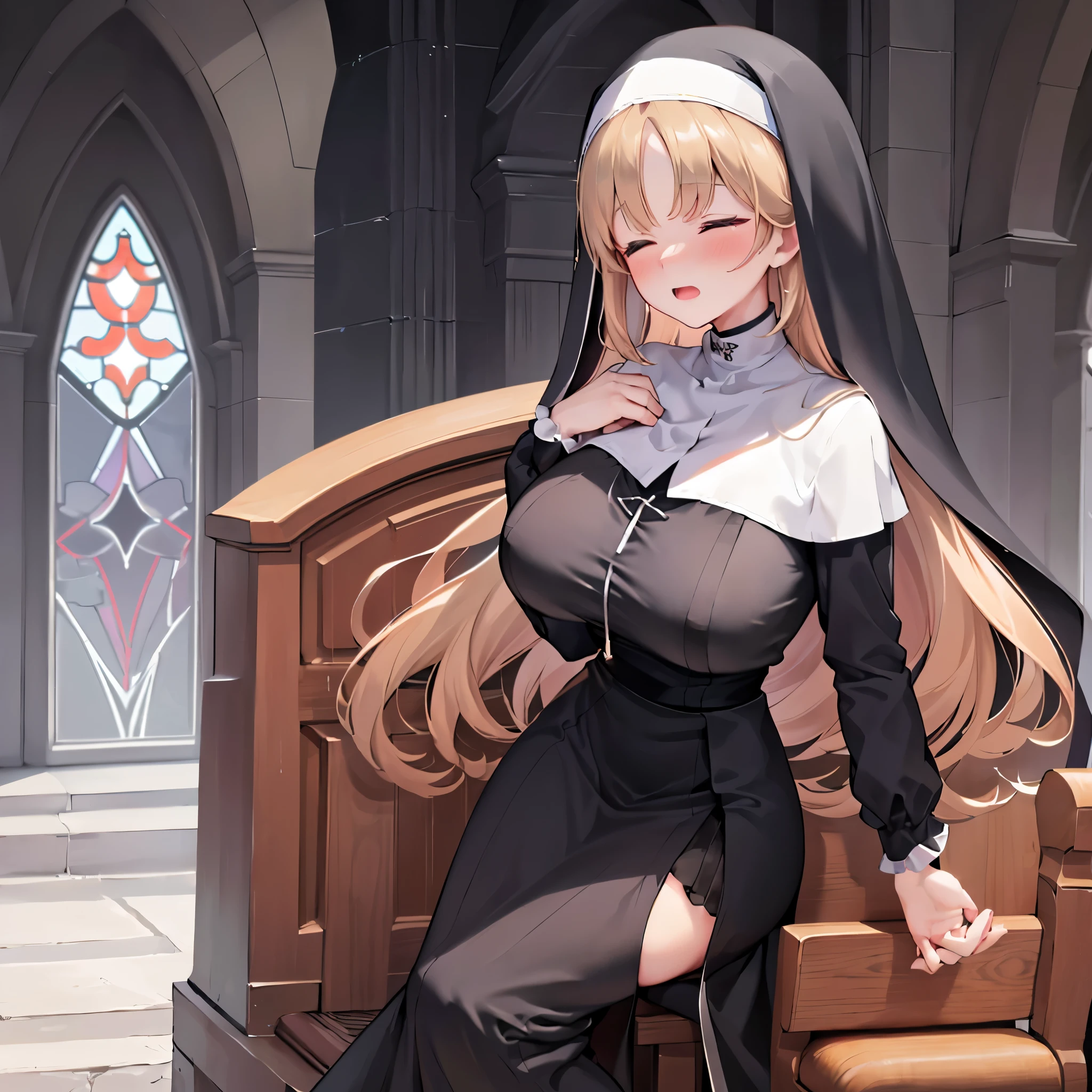 (solo 1 praying nun:1.2) standing in church, praying with holding hands together over chest, very thin, (black sheer dress:1.4), (huge breasts:1.2), (black sheer long skirt:1.3), inconceivably thin waist, closing eyes, nose blush, open mouth, (heavy breathing:1.2), stained glass, full body, 8k