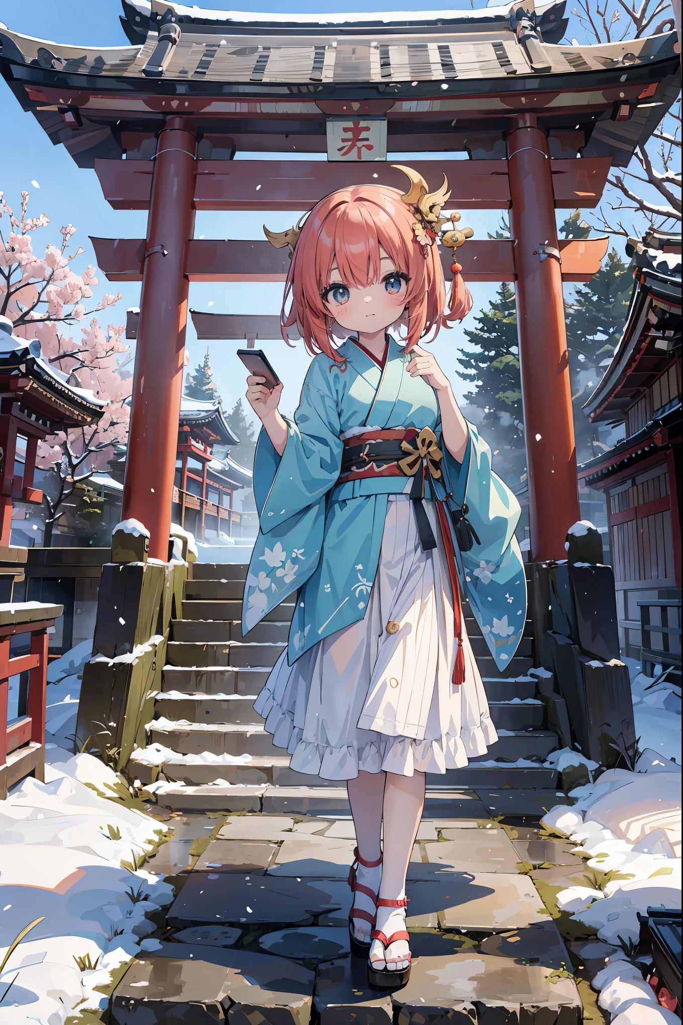 absurd, absolute resolution, incredibly absurd, super high quality, super detailed, official art, unity 8k wall, masterpiece
BREAK
Subject: First visit to a shrine
Subtitle: Tatsumi-chan (anthropomorphic chibi character), chibi, cute, Meiji Shrine

BREAK
"On a New Year's first visit to the shrine, an anthropomorphic chibi little girl named Tatsumi-chan is wearing a gorgeous kimono with the torii gate of the Meiji Shrine in the background with a flurry of snow. She is wearing a sash with dragon elements, representing the Chinese zodiac sign for the year of the dragon, and holds a small ema (votive tablet) in her hand, ready to write her wishes for the New Year. In the background, the precisely painted precincts of the shrine are decorated with light, and trees covered with fresh snow and stone lanterns create an ethereal atmosphere. Tatsumi-chan has sparkling eyes that symbolize hope for the New Year, and her cute pose brightens the hearts of all who see her."