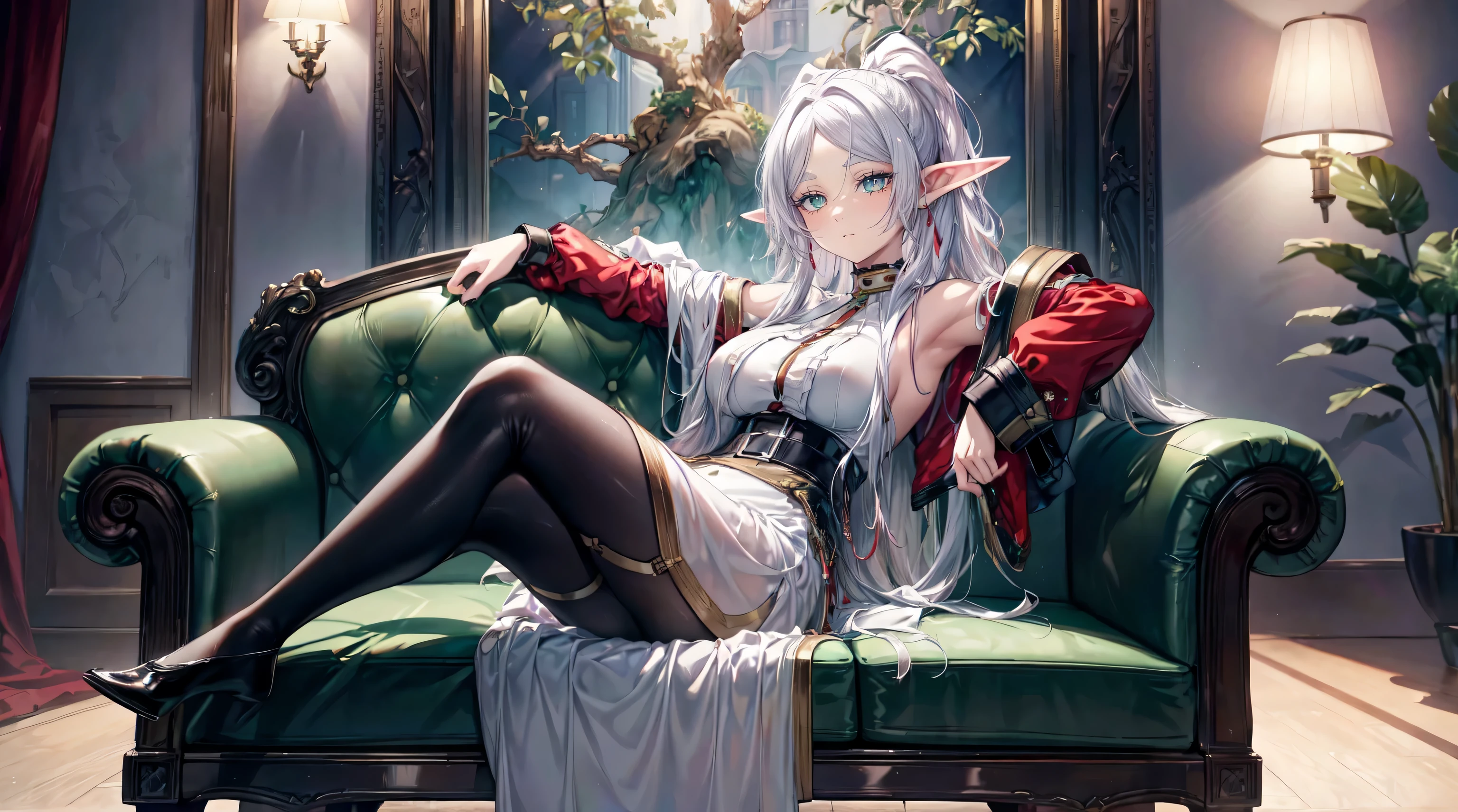 ( 8K, Masterpiece, hiquality, Digital Art, beautiful and aesthetic, hyper detailed, Anime Aesthetics, Unreal engine, computer graphics), ( glossy skin, Juicy thighs, Perfectly proportioned . Elf Friren with green eyes!sand , Sexy & Artistic Pose, Diamond Face, , Detailed Face), Ultra-Detailed Face, Better facial quality, Character sprawled on the couch (Beautiful detailed red and white sofa with large backrest)