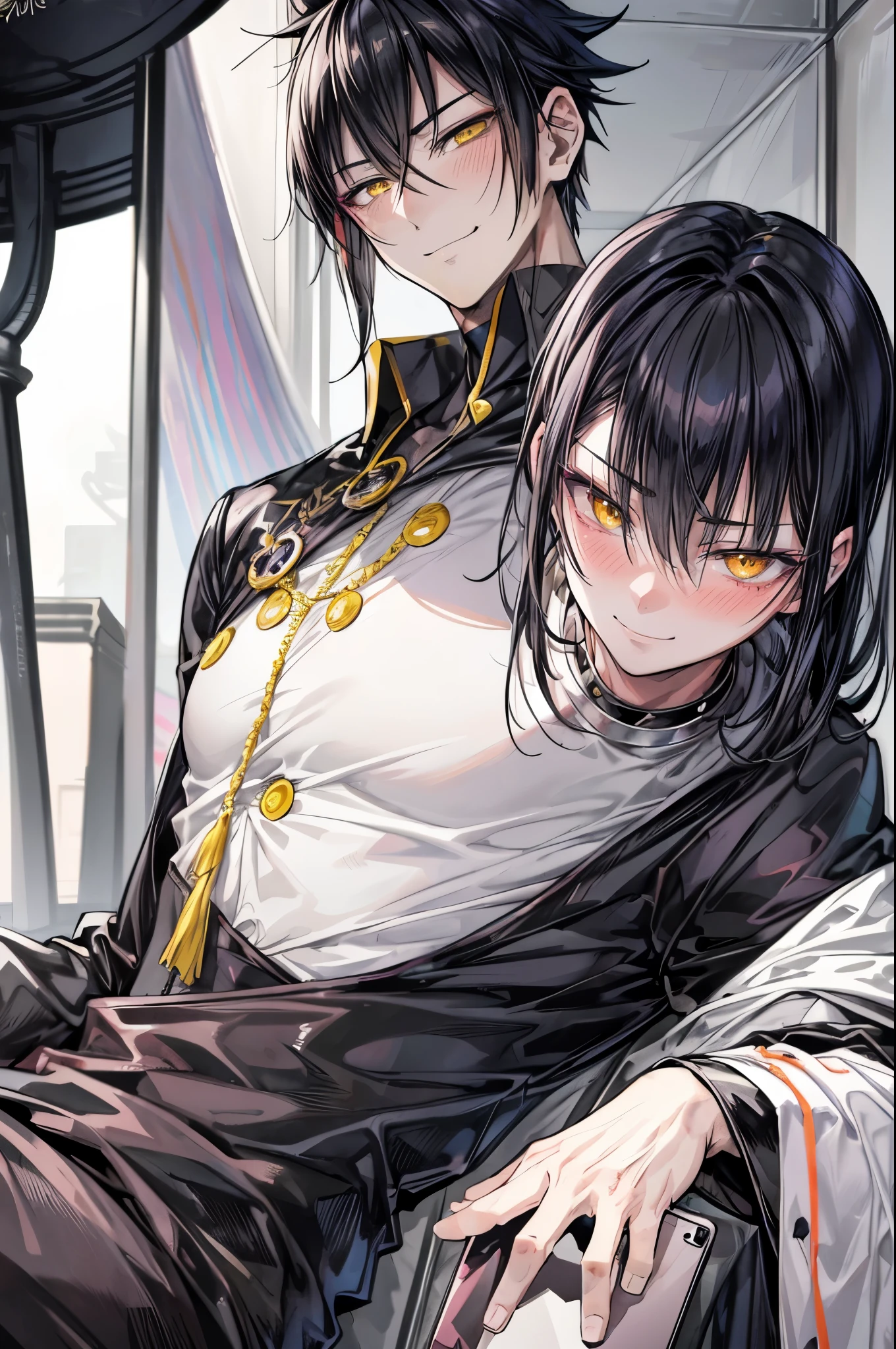 (flat color:1.1),(masterpiece:1.2), best quality, masterpiece, original,short black spiked hair, yellow eyes and accents, (mature handsome anime man looking at the camera with a smile and blush:1.2), CEO, holding phone camera