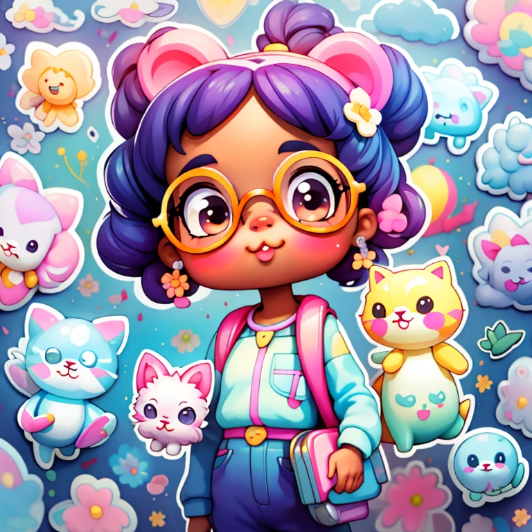 a cartoon girl with glasses, african american girl, african american elegant girl, purple backpack, long pants, lots of bubbles, flowers, super cute funky black girl, cute detailed digital art, portrait of a lisa frank, cute digital art, cartoon artstyle, cartoon art style, colorfull illustration, advanced digital chibi art, cartoon style illustration, adorable digital painting, cute art style, lisa frank style, cute cartoon character, colorful flowers