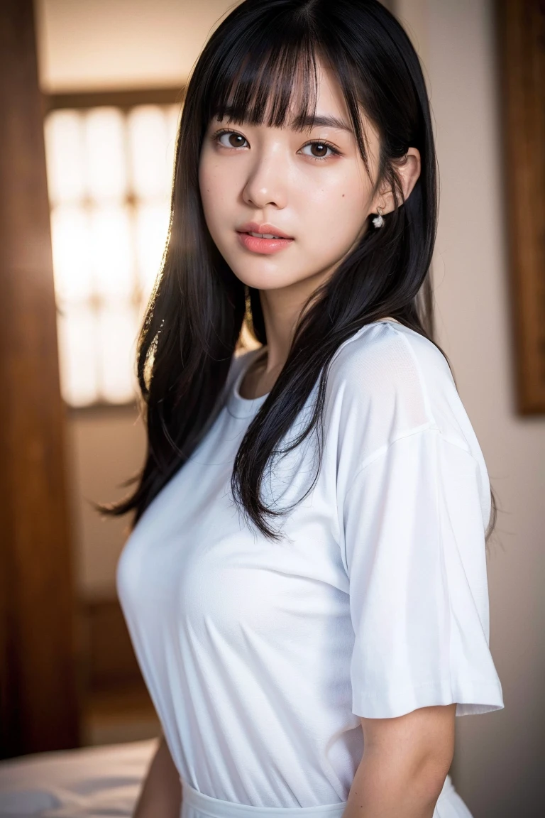 adult plump woman,dark black hair,27 years old,make up,(fair skin,thick upperarms:1.4),close up,crewneck white shirt,from side, sleeveless