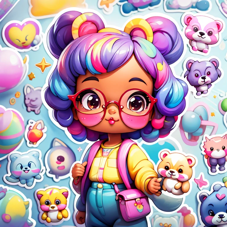a cartoon girl with glasses, african american girl, african american elegant girl, purple backpack, long pants, bear shirt, super cute funky black girl, cute detailed digital art, portrait of a lisa frank, cute digital art, cartoon artstyle, cartoon art style, colorfull illustration, advanced digital chibi art, cartoon style illustration, adorable digital painting, cute art style, lisa frank style, cute cartoon character