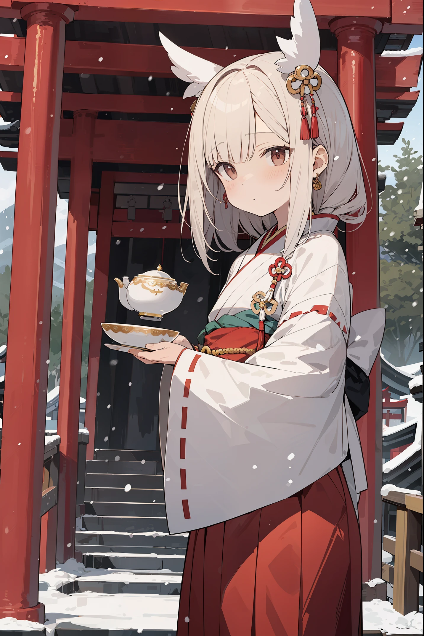 absurd, absolute resolution, incredibly absurd, super high quality, super detailed, official art, unity 8k wall, masterpiece
BREAK
Subject: First visit to a shrine
Subtitles: God of beauty, chibi, cute, Izumo-taisha shrine, God's tea party
BREAK
"In this scene from Hatsumode, a chibi, cute girl, personified by the god of beauty, is attending a tea party for the gods on the grounds of Izumo-taisha Shrine. She is dressed in a traditional priestly costume in a divine atmosphere and holds a small golden tea cup in her hand. Around her, other deities are also gathered in various guises, and she looks particularly radiant among them. In the background is the majestic architecture of Izumo-taisha Shrine and the quiet, cold winter grounds, with a mysterious flurry of snow. Soft light streams in from the sky, gently illuminating the tea party of the gods."