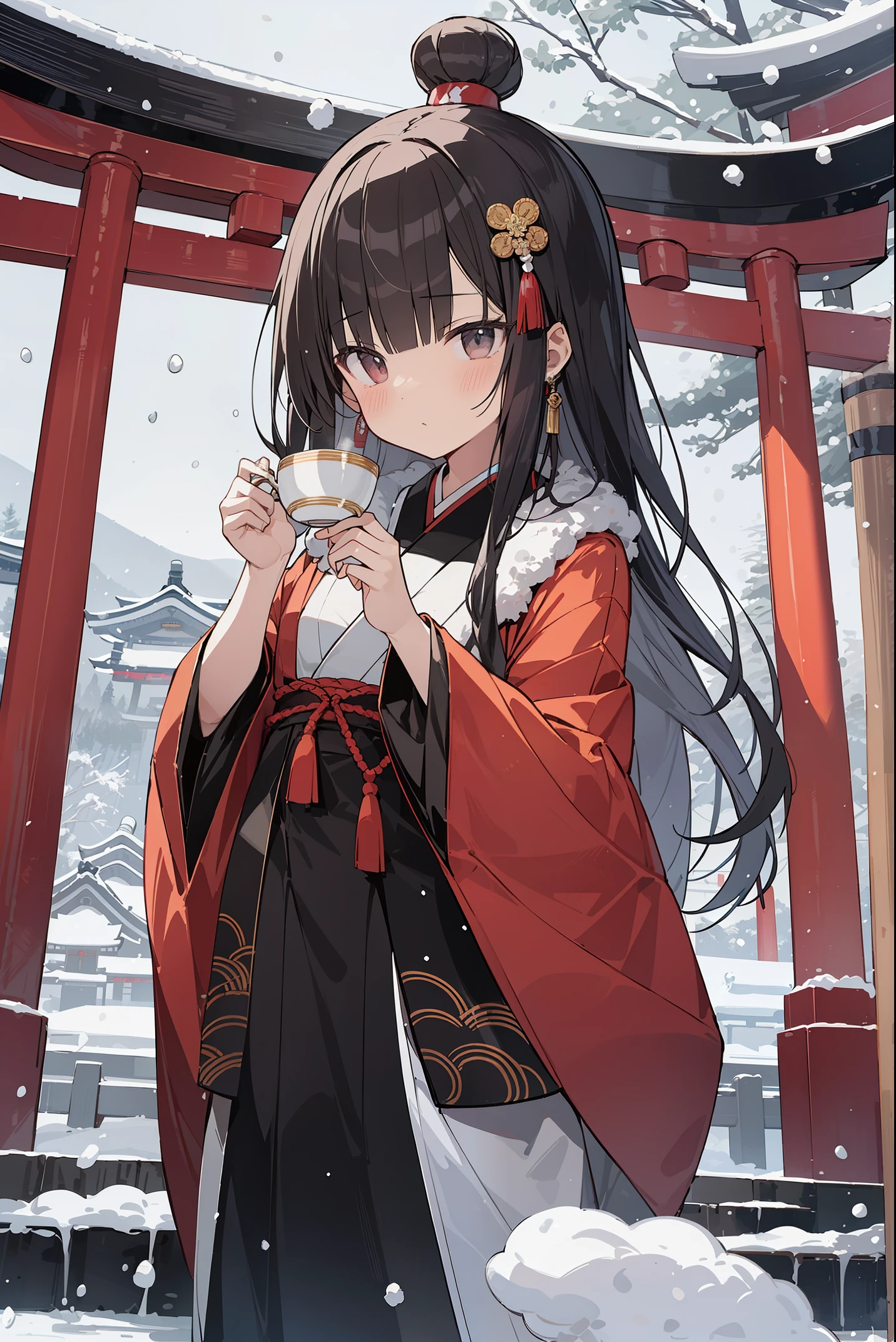 absurd, absolute resolution, incredibly absurd, super high quality, super detailed, official art, unity 8k wall, masterpiece
BREAK
Subject: First visit to a shrine
Subtitles: God of beauty, chibi, cute, Izumo-taisha shrine, God's tea party

BREAK
"In this scene from Hatsumode, a chibi, cute girl, personified by the god of beauty, is attending a tea party for the gods on the grounds of Izumo-taisha Shrine. She is dressed in a traditional priestly costume in a divine atmosphere and holds a small golden tea cup in her hand. Around her, other deities are also gathered in various guises, and she looks particularly radiant among them. In the background is the majestic architecture of Izumo-taisha Shrine and the quiet, cold winter grounds, with a mysterious flurry of snow. Soft light streams in from the sky, gently illuminating the tea party of the gods."