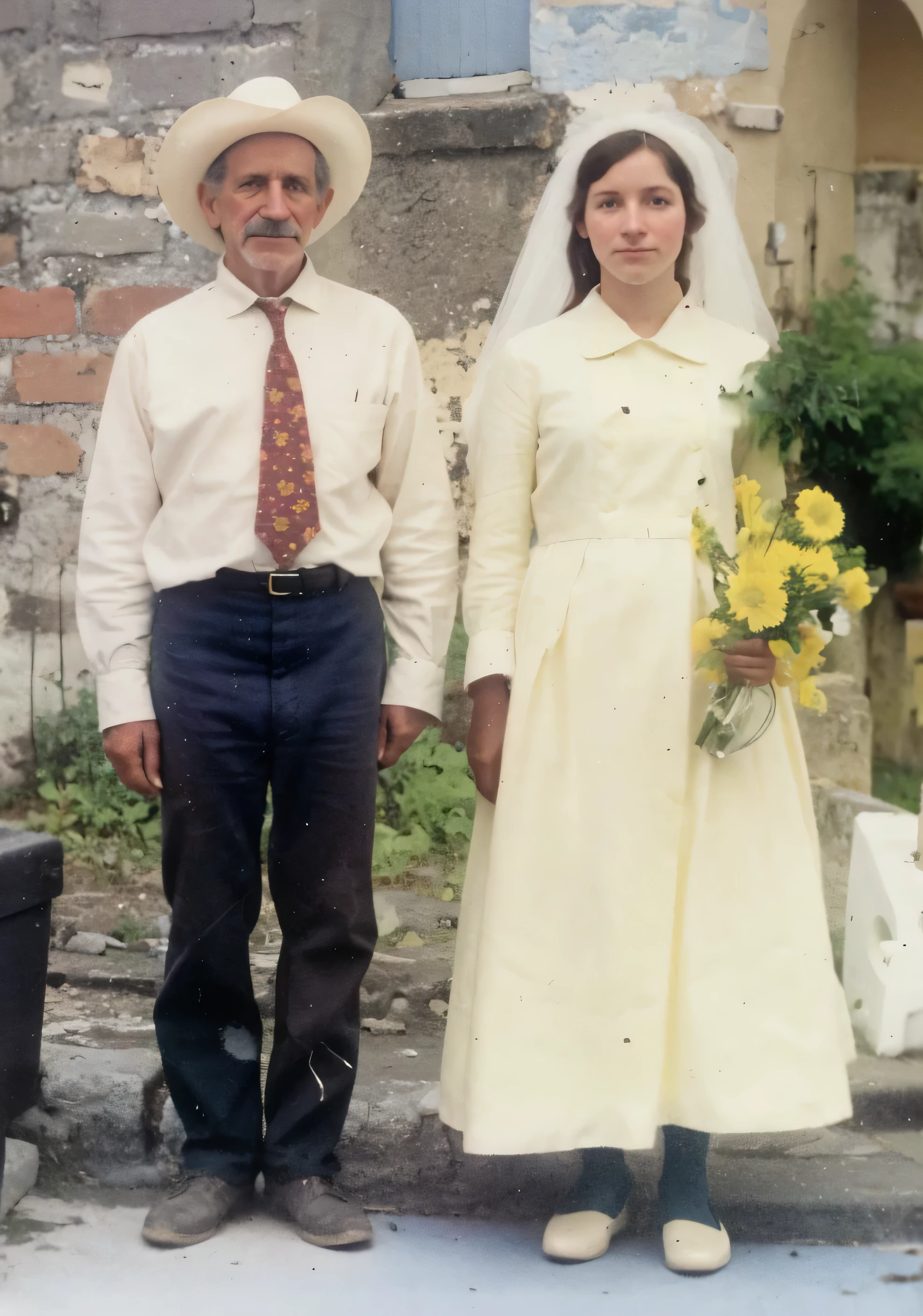 Hay dos personas paradas una al lado de la otra en una foto, a Foto coloreada, hand dyeing, Foto antigua en colorgraph, foto coloreada, Foto coloreada, Foto antigua en color, foto restaurada, Damaged grainy photo, Color restaurado, Foto coloreadagraph, Foto de boda, photographed on damaged film, foto en color, Color restoration, Color film frame, Foto tomada en 2 0 2 0
