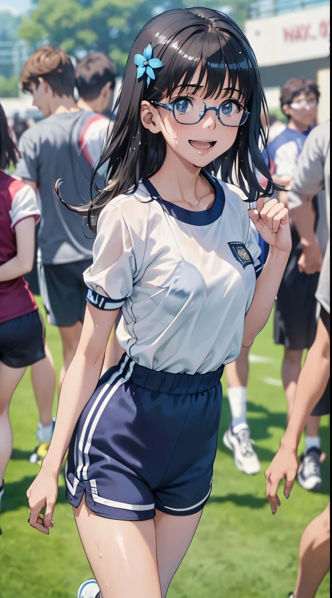 1womanl,Black hair,14 year old beautiful breasts,(((Sexy white and blue shiny short sleeve gym clothes and shorts、Smile with open mouth)),(((Satin Narico))),((( portlate))),Crowds,Shiny white short-sleeved gym uniform and blue shorts,Wet with sweat,((athletic field)),((see -through)),outside of house,(((clothes shiny))),eye glasses