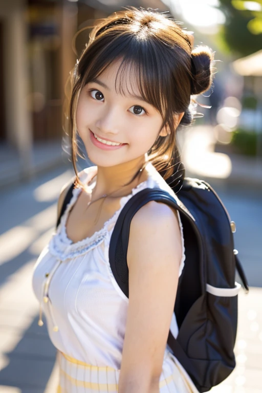 (((masterpiece))), (((Full body photo,Standing))),(One beautiful Japan girl, classmates, Innocence,kawaii) ,超A high resolution, Realistic, ultra-detailliert, 8K,top-quality, Extremely detailed, blurry backround,A slender,very beautiful japanese girl, Detailed face:1.3), (wears hair in two buns,A dark-haired :1.4), (a ,kawaii系,adorable 14 year oPerfect body:1.1), (Sleeveless white shirt,Light brown pleated mini skirt), A smile that makes you want to hug,Please show me your beautiful teeth,Super Detailed Face、Detailed lips、Detailed Big Eyes、small gravure idol,Transparent skin、Lori,Carrying a backpack,Dating at the museum,Looking up from the ground,sexy pose, Warm tones