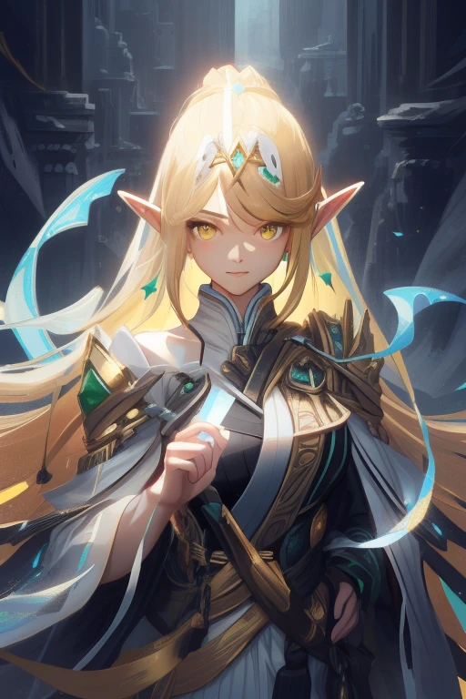 portrait, golden elf, female, golden hair, golden clothes, elven race, detailed eyes, detailed face, royal costume, with a glow of light around her, (best quality, masterpiece: 1.2), vivid colors, luminous lighting , bright golden tone.