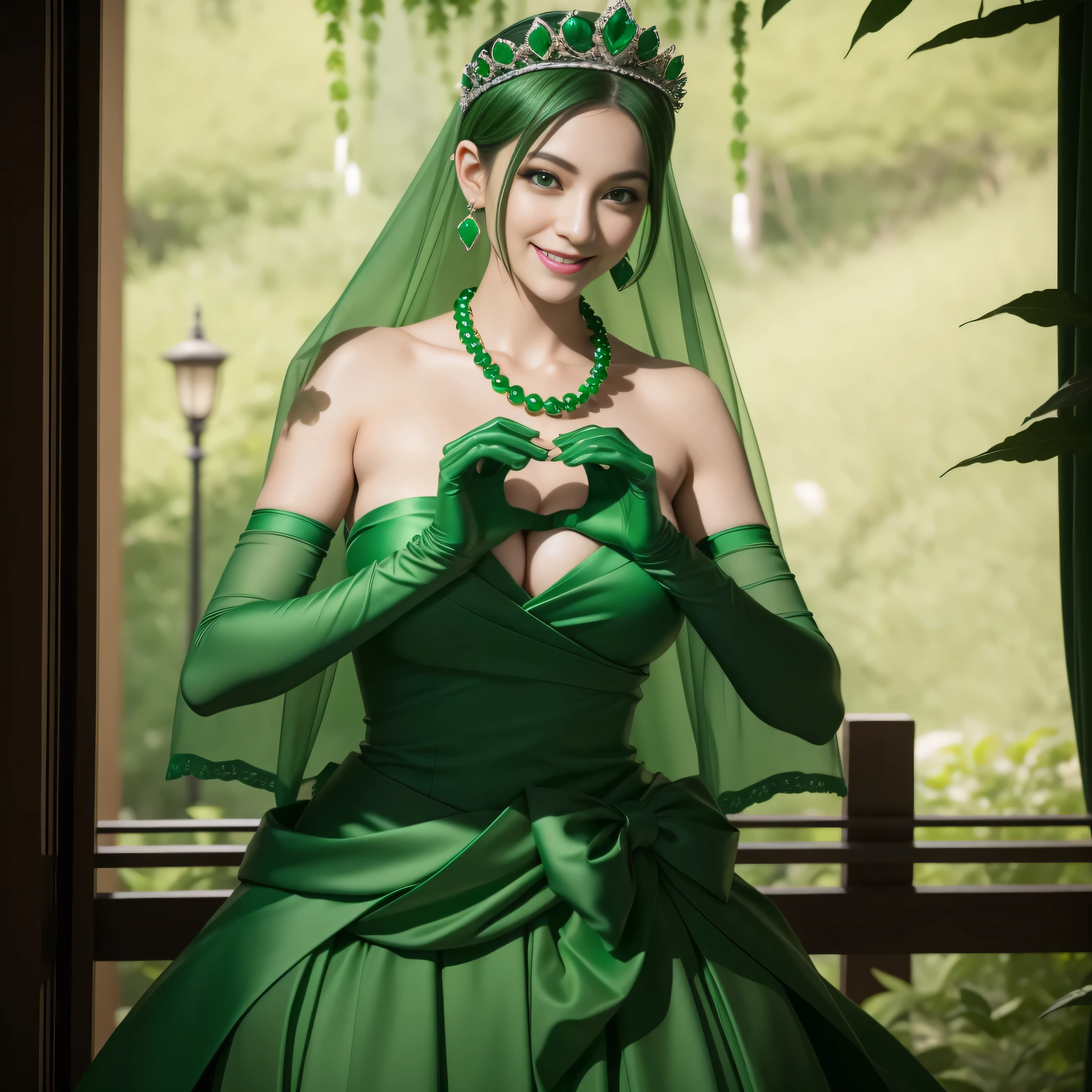 emerald tiara, Green Pearl Necklace, Boyish very short green hair, lipsticks, Japan woman smiling, very short short hair, big breasts beautiful, Green eyes, Long green gloves made of satin material, Green eyes, Emerald Earrings, green vale, Heart with both hands