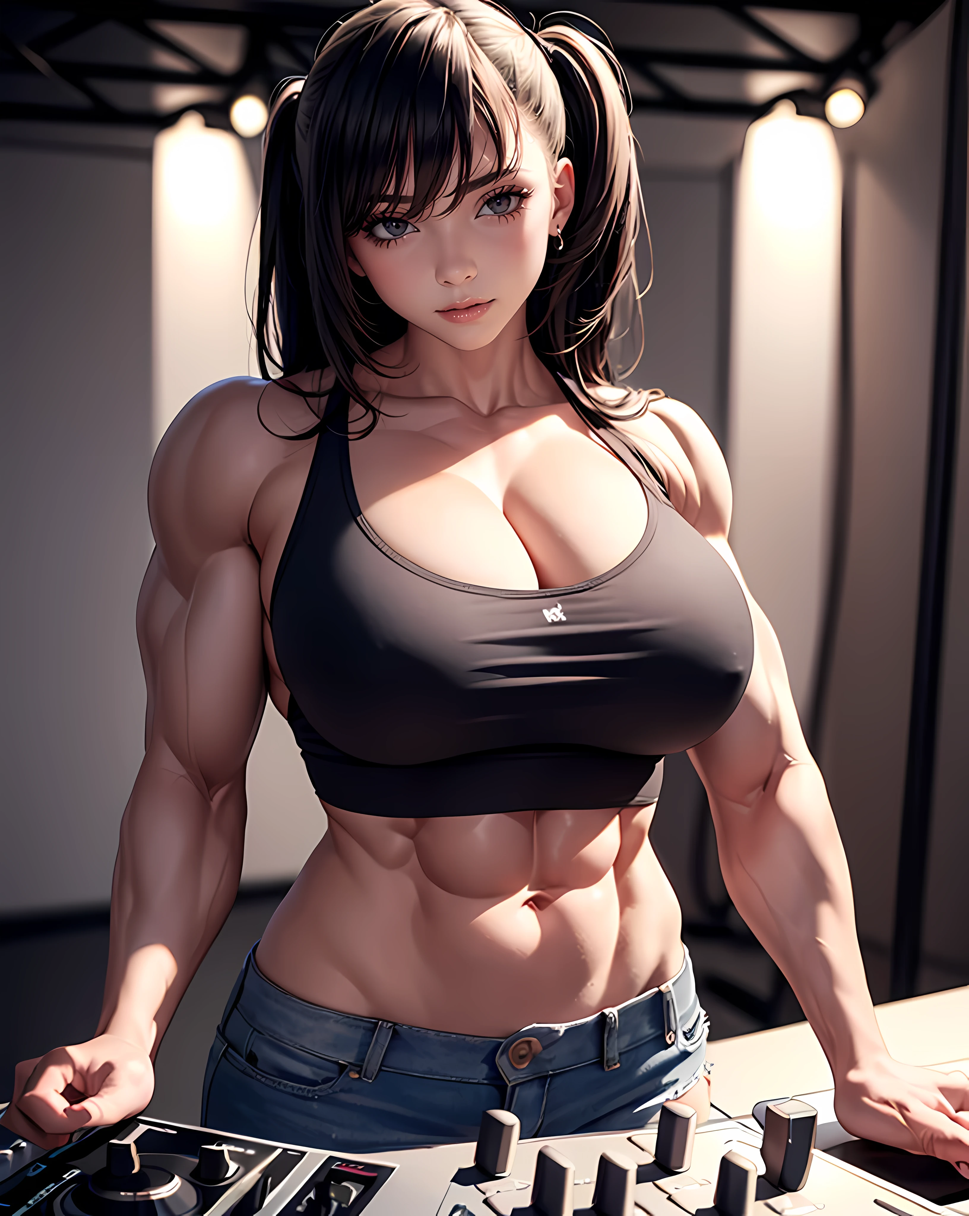 (masterpiece, best quality:1.37), ultra-detailed:1.37, hyper-sharp:1.37, anime style, An illustration of a female bodybuilder with a height of 2m who is DJing while showing off her muscles. The (((female bodybuilder))) is 2meters tall and has a muscular build. A female bodybuilder wears a tank top and shorts, exposing her muscles. A female bodybuilder is standing in a DJ booth and playing music with turntables and a mixer. A female bodybuilder is playing music while showing off her muscles. Audiences are overwhelmed and go wild with her female bodybuilder muscles. This illustration shows a strong and dynamic representation of a 2m tall female bodybuilder DJing while showing off her muscles, (((bodybuilder))), ((((huge muscles))))