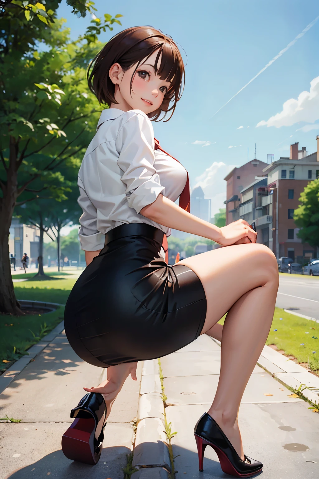 masterpiece, best quality,1girl,young girl,brown eyes,short hair,happy smile,shiny skin,(nice leg line:1.3),thin waist,huge breasts
BREAK
school uniform,necktie,((pencil skirt)),high heels
BREAK
park,crowd,depth of field,looking at viewer,squatting,from behind,upper body,legsupsexms